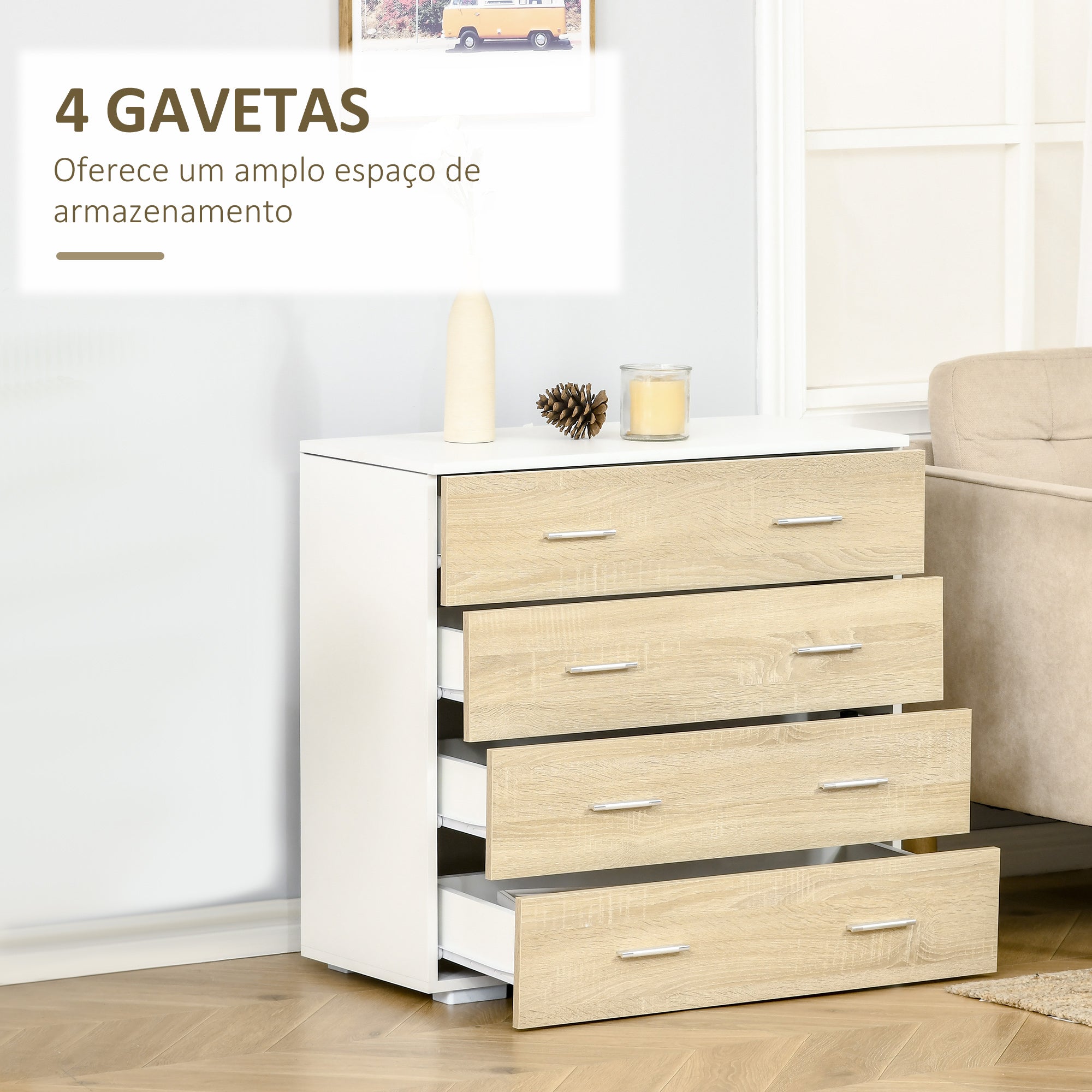 Cómoda Moderna com 4 Gavetas 76x35x72cm - Cor Carvalho e Branco