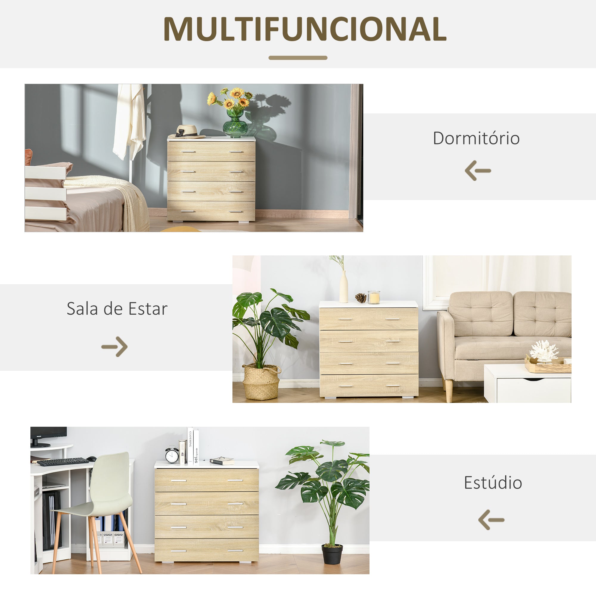 Cómoda Moderna com 4 Gavetas 76x35x72cm - Cor Carvalho e Branco