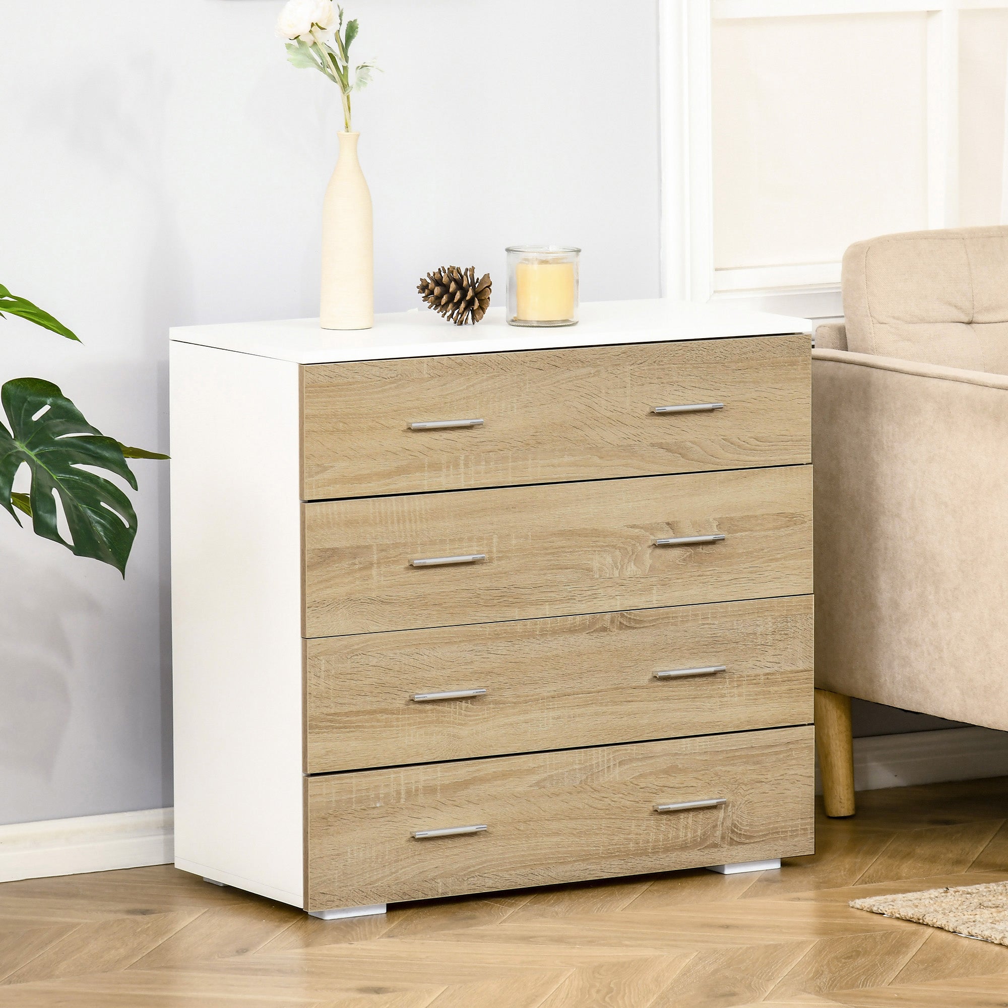 Cómoda Moderna com 4 Gavetas 76x35x72cm - Cor Carvalho e Branco