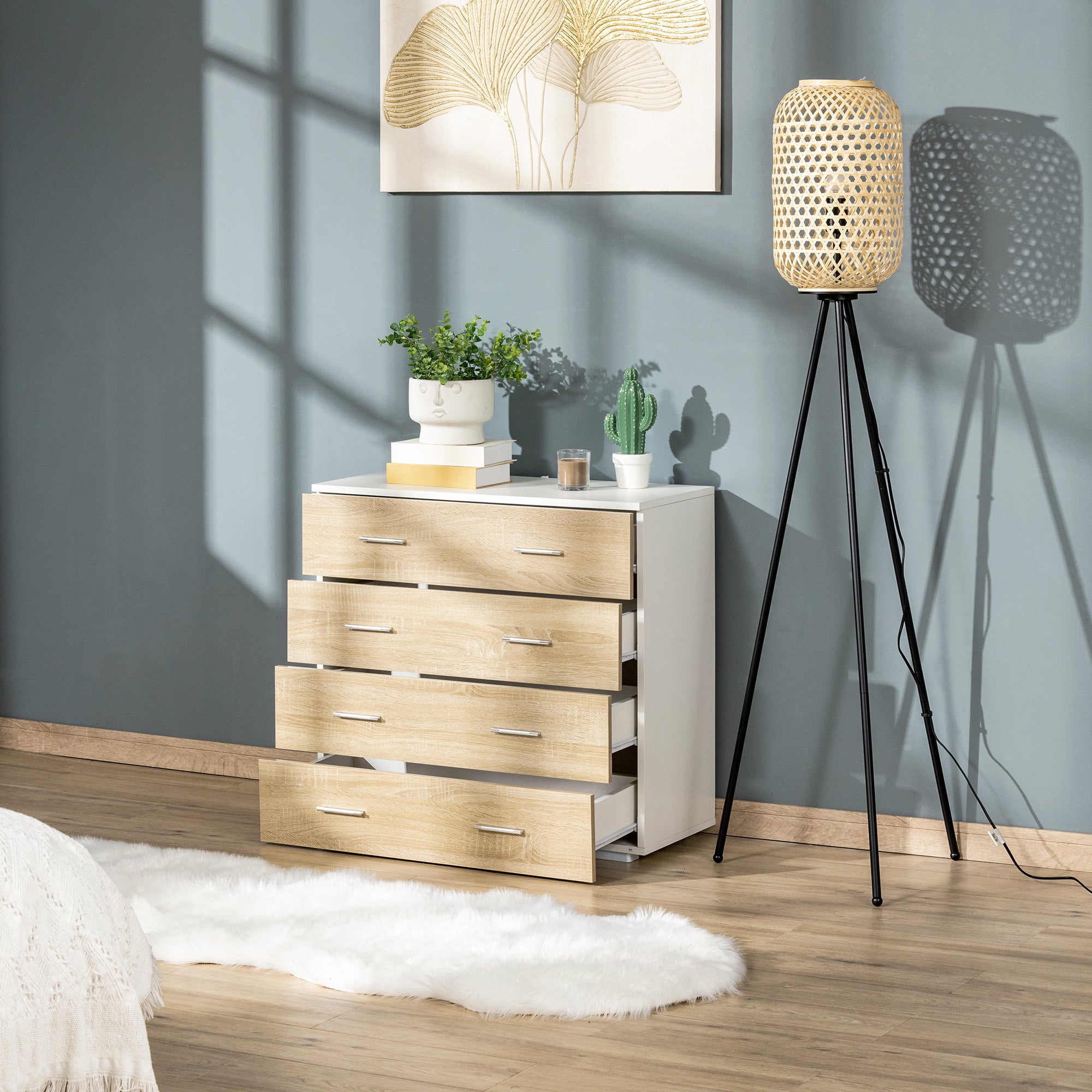 Cómoda Moderna com 4 Gavetas 76x35x72cm - Cor Carvalho e Branco