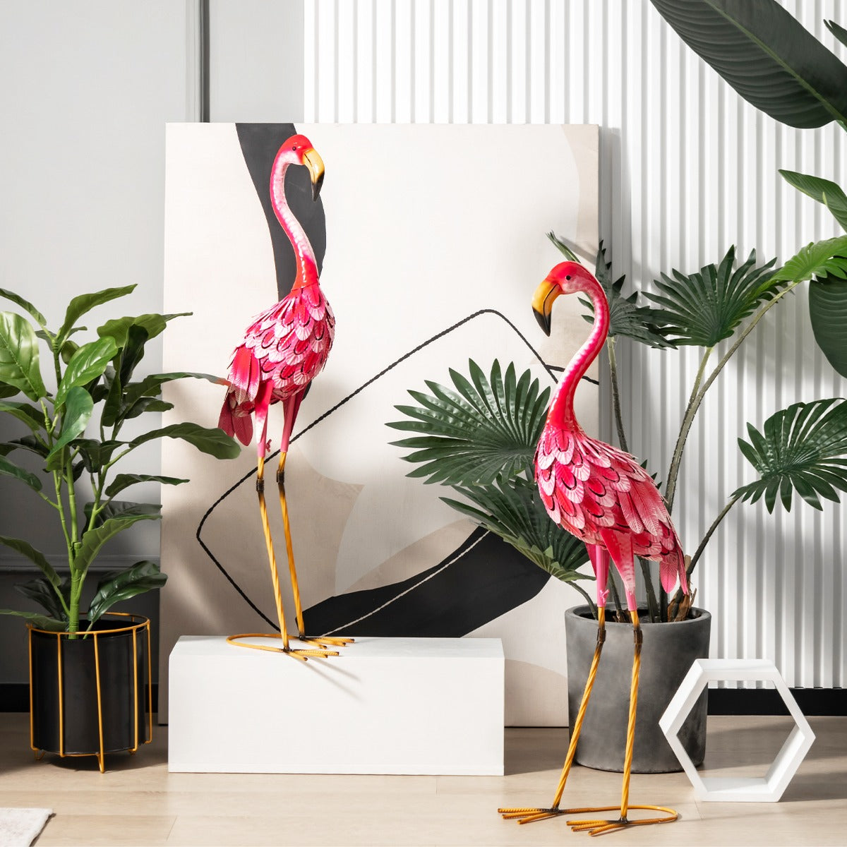 Conjunto de 2 Estátuas de Jardim de Flamingos Metálicos Cor-de-Rosa para Decoração 20 x 27 x 89 cm