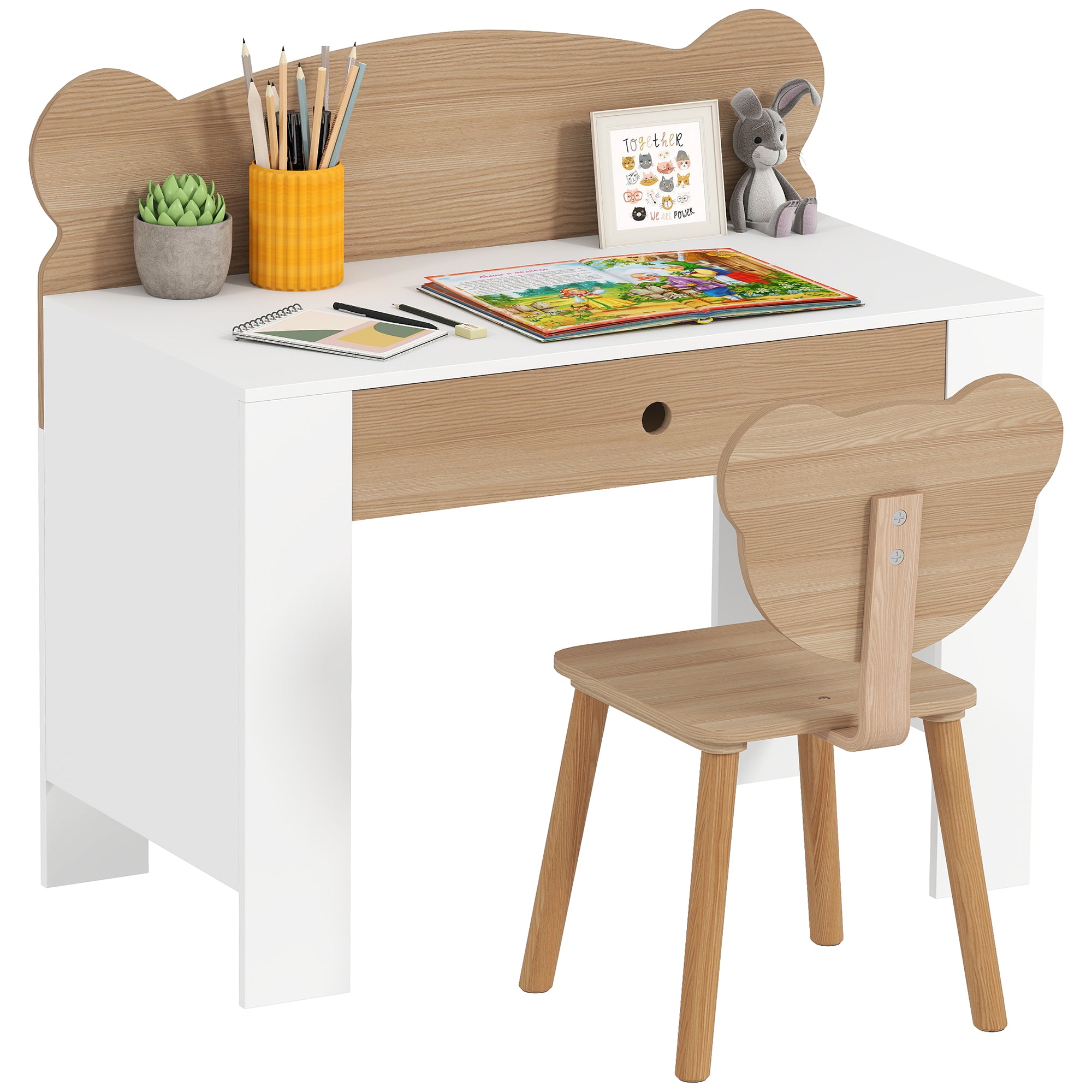 Secretária para Crianças com Cadeira em Forma de Ursinho - 80x41x74,5 cm - Madeira e Branco