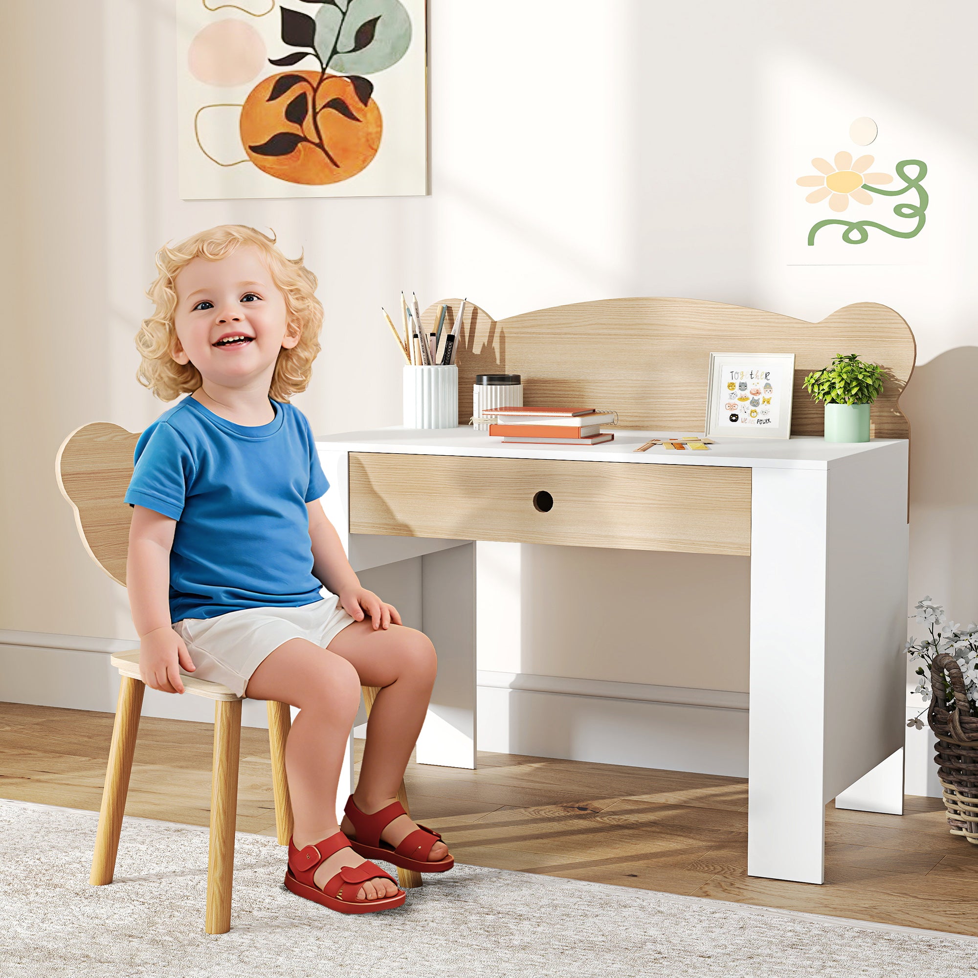 Secretária para Crianças com Cadeira em Forma de Ursinho - 80x41x74,5 cm - Madeira e Branco