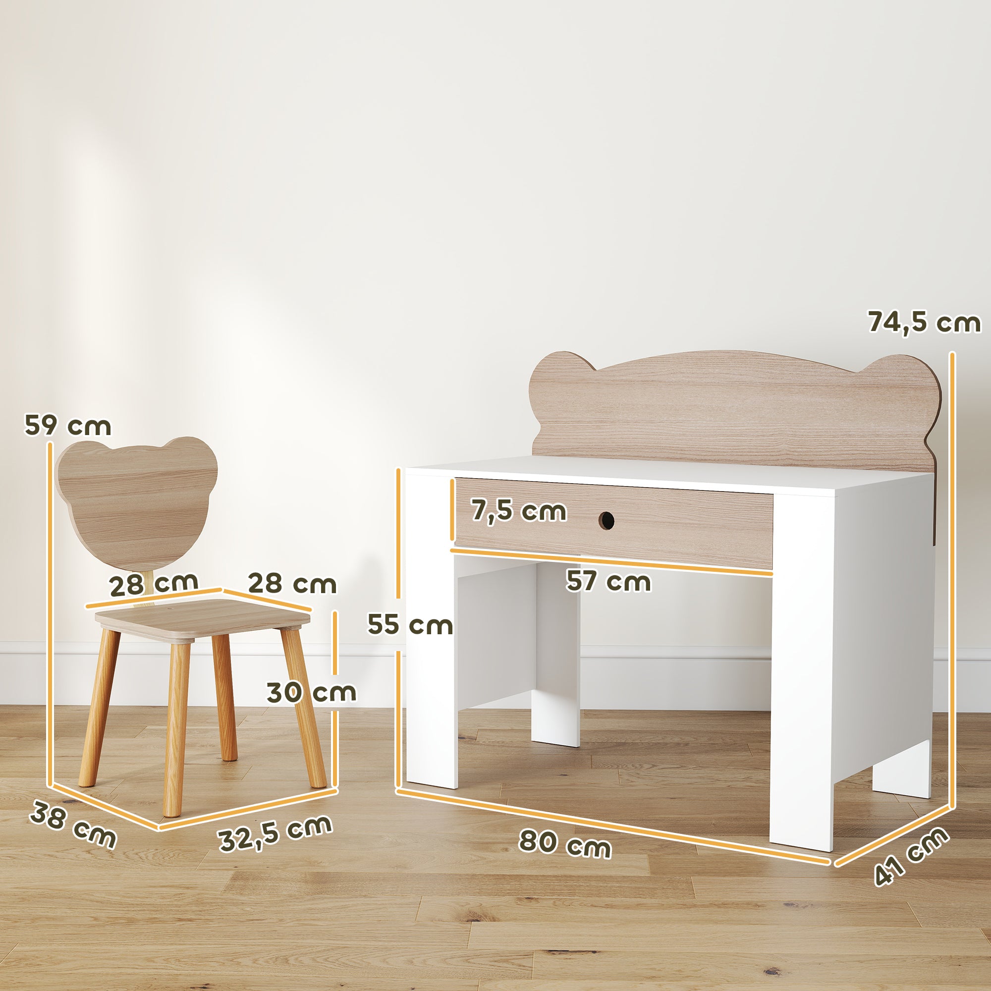 Secretária para Crianças com Cadeira em Forma de Ursinho - 80x41x74,5 cm - Madeira e Branco