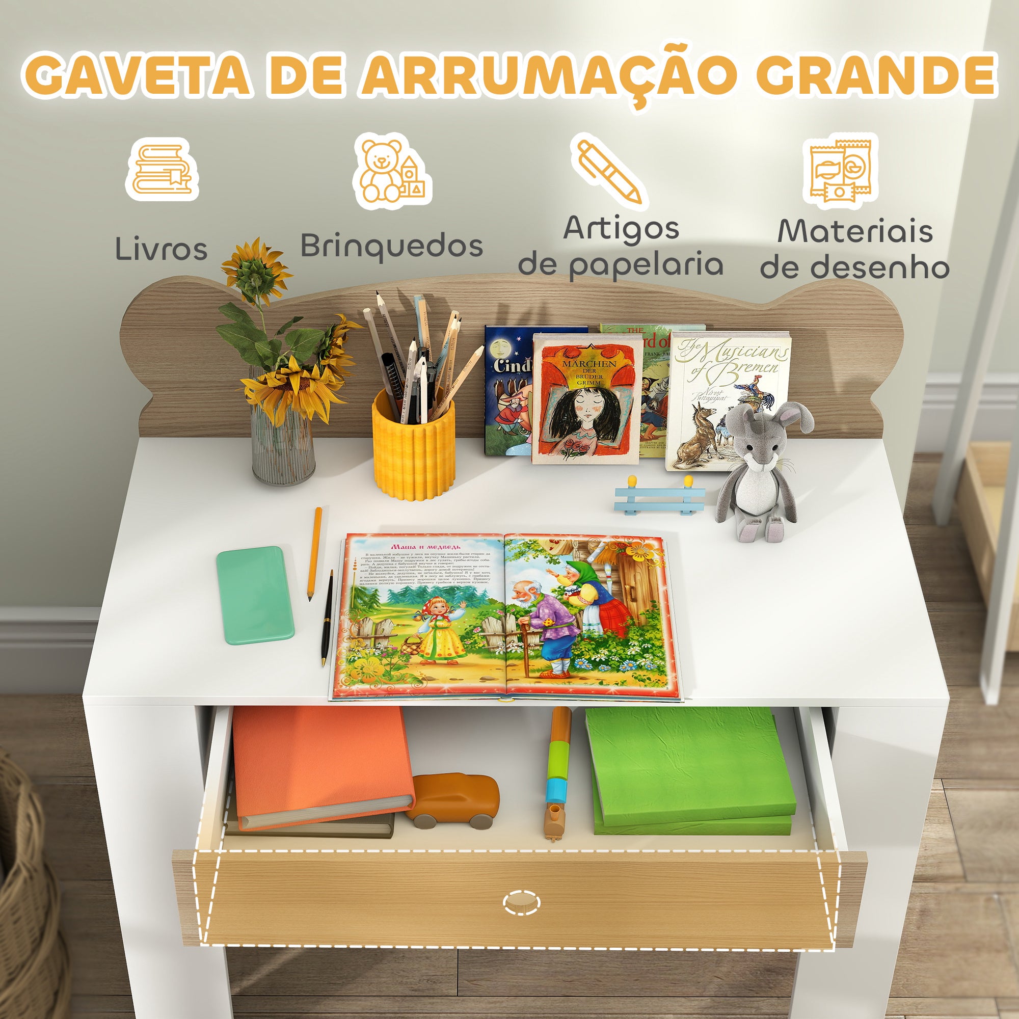 Secretária para Crianças com Cadeira em Forma de Ursinho - 80x41x74,5 cm - Madeira e Branco