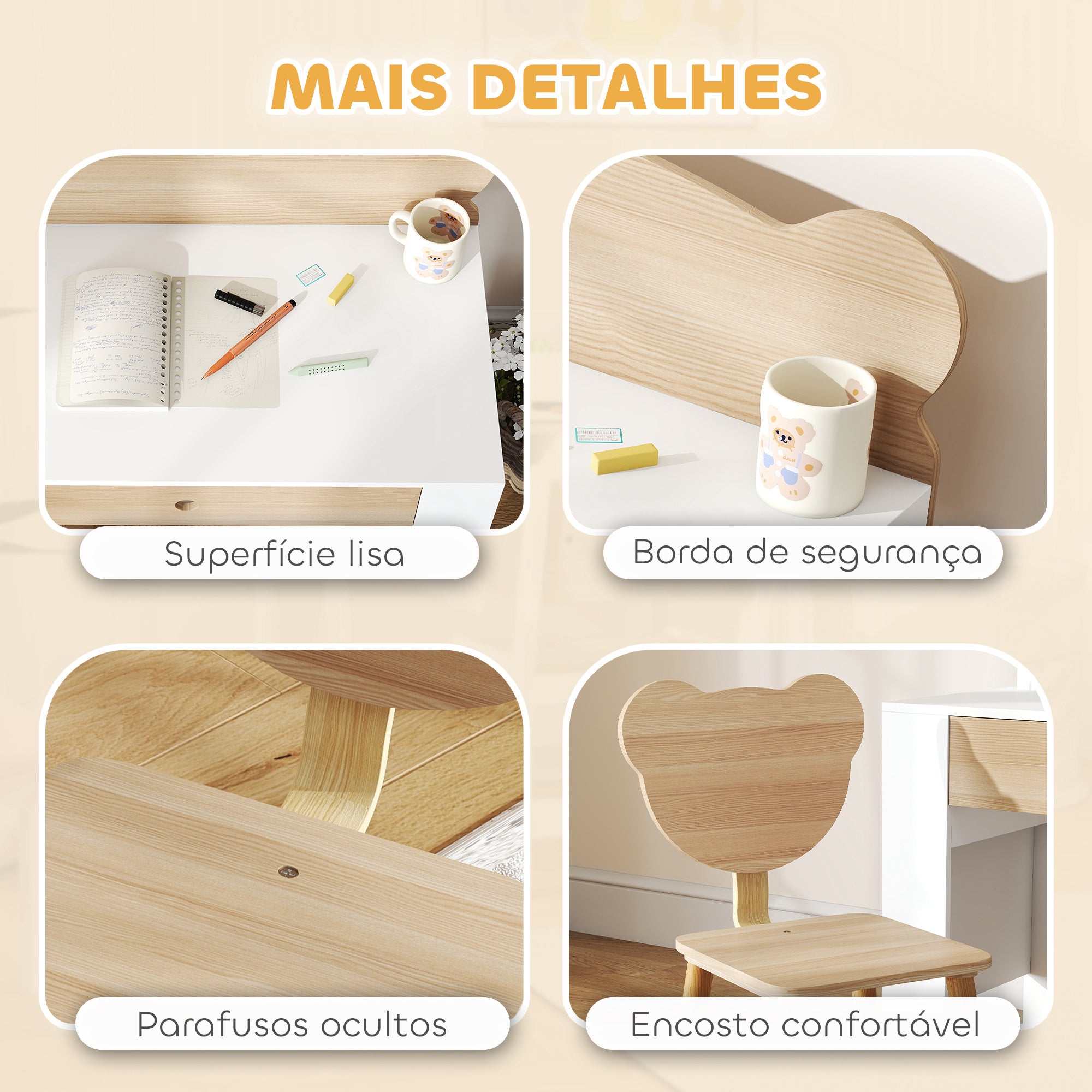 Secretária para Crianças com Cadeira em Forma de Ursinho - 80x41x74,5 cm - Madeira e Branco