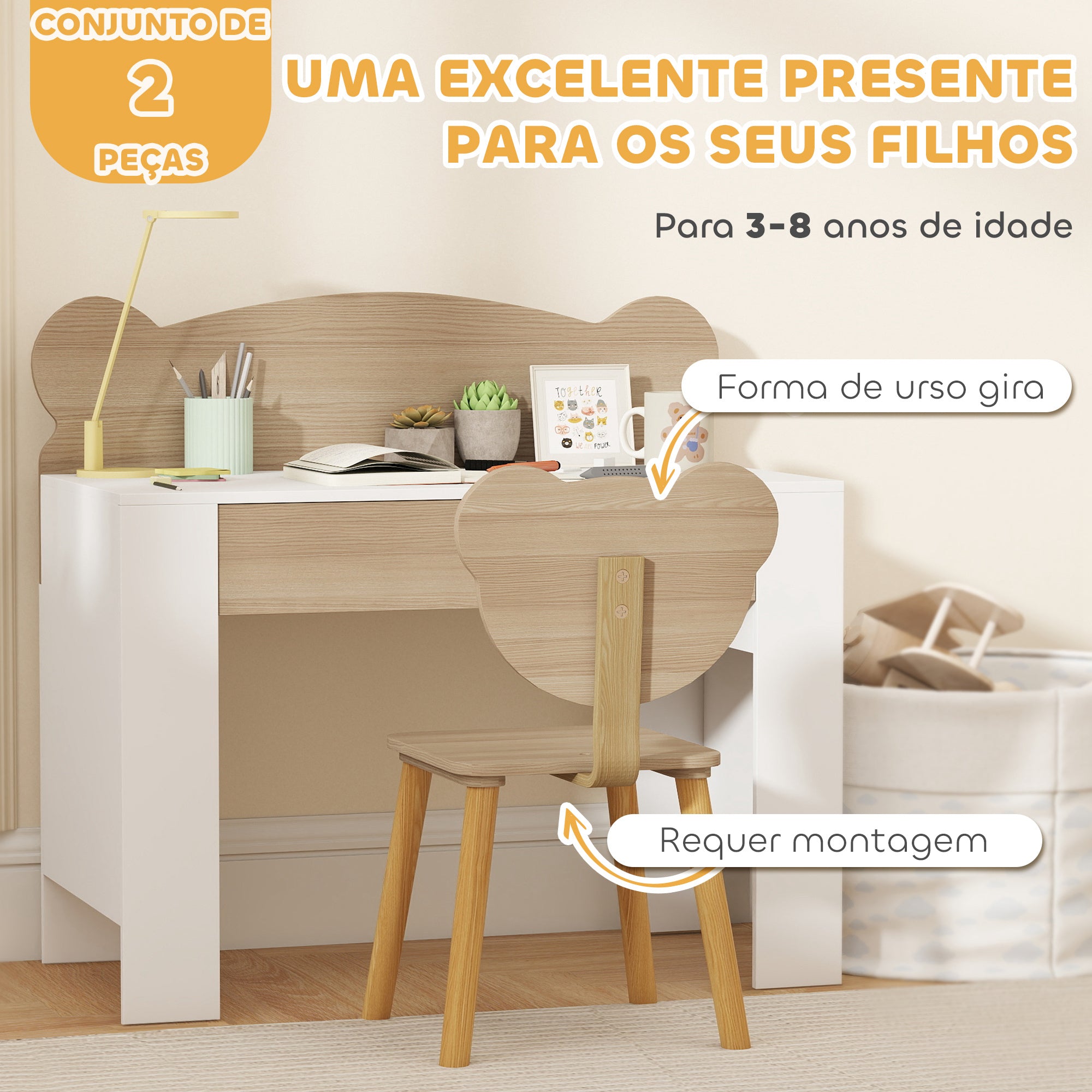 Secretária para Crianças com Cadeira em Forma de Ursinho - 80x41x74,5 cm - Madeira e Branco