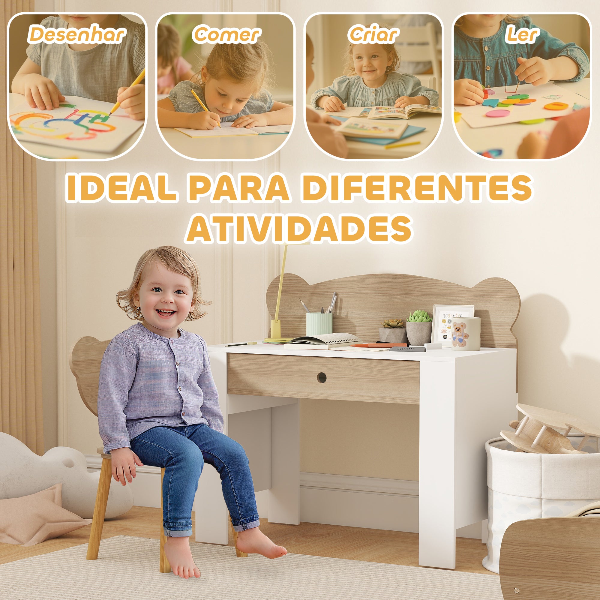 Secretária para Crianças com Cadeira em Forma de Ursinho - 80x41x74,5 cm - Madeira e Branco