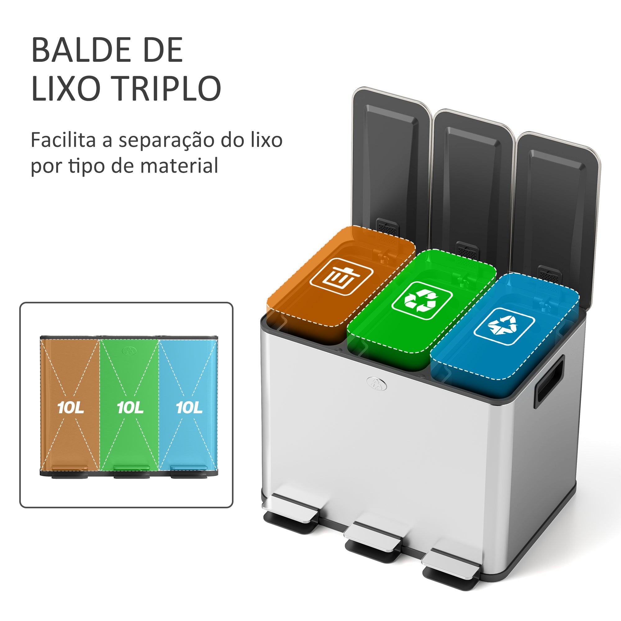 Balde de Lixo de Cozinha Tripartido 3x10L – 49,6x34,5x38,6 cm – Prata – Aço inoxidável
