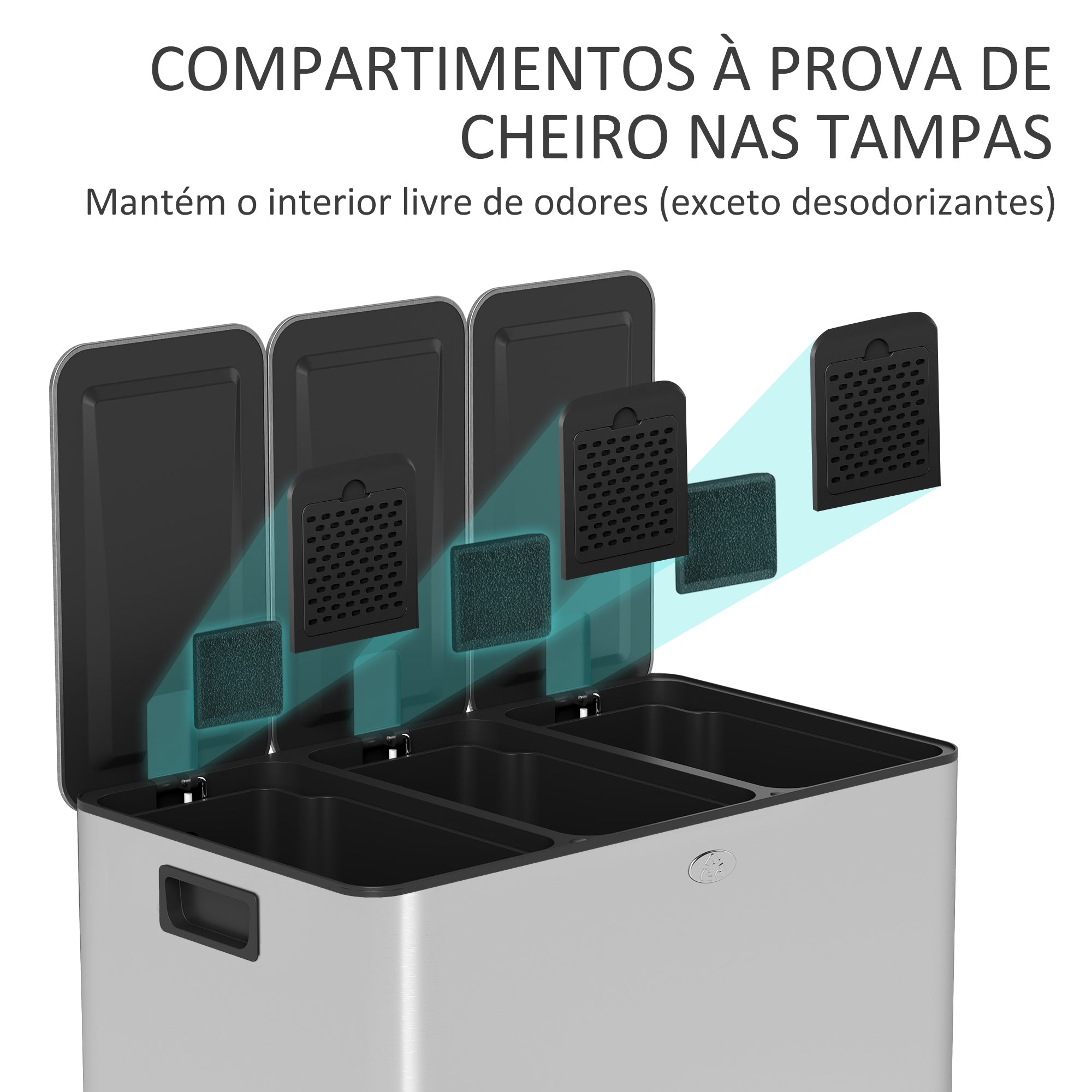 Balde de Lixo de Cozinha Tripartido 3x10L – 49,6x34,5x38,6 cm – Prata – Aço inoxidável