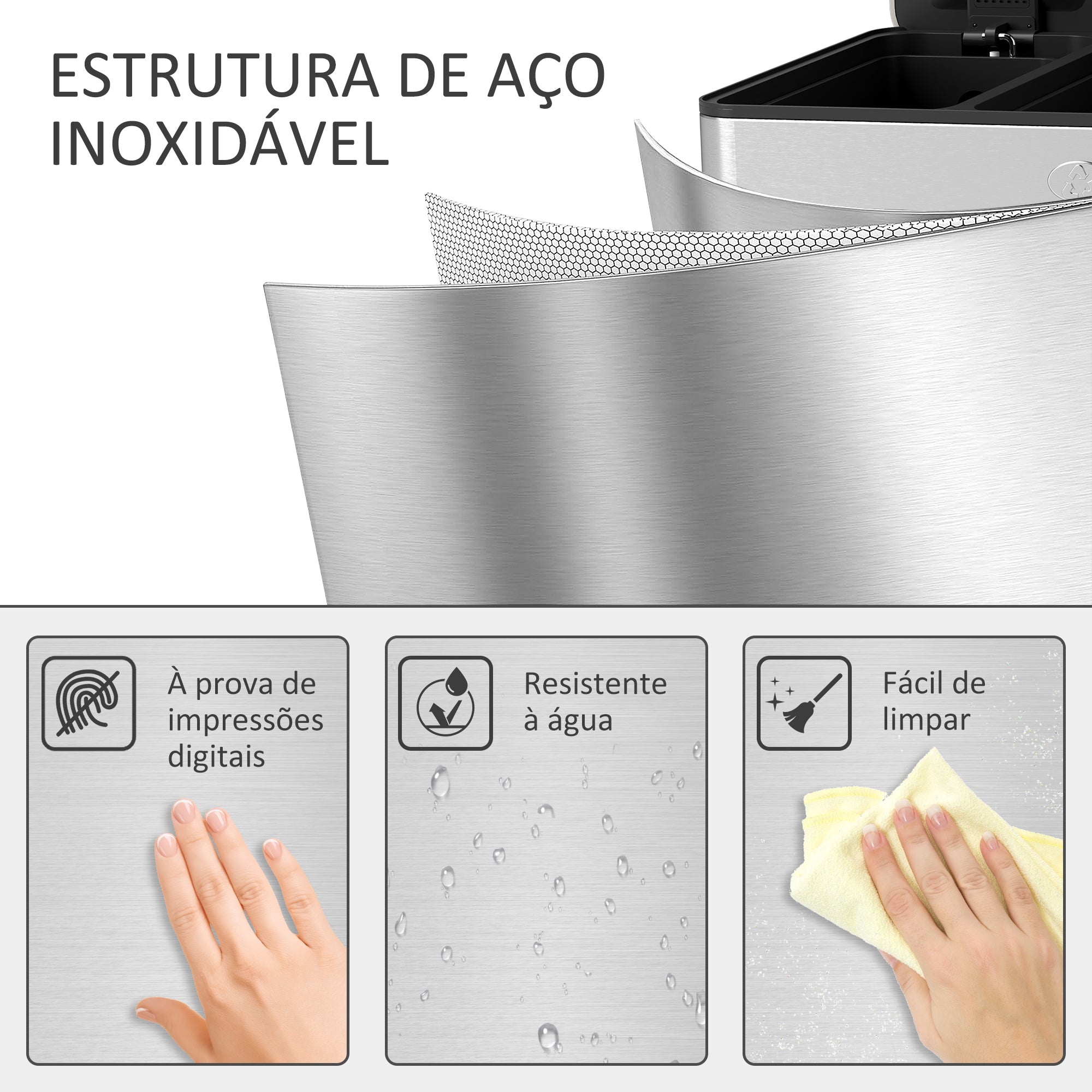 Balde de Lixo de Cozinha Tripartido 3x10L – 49,6x34,5x38,6 cm – Prata – Aço inoxidável