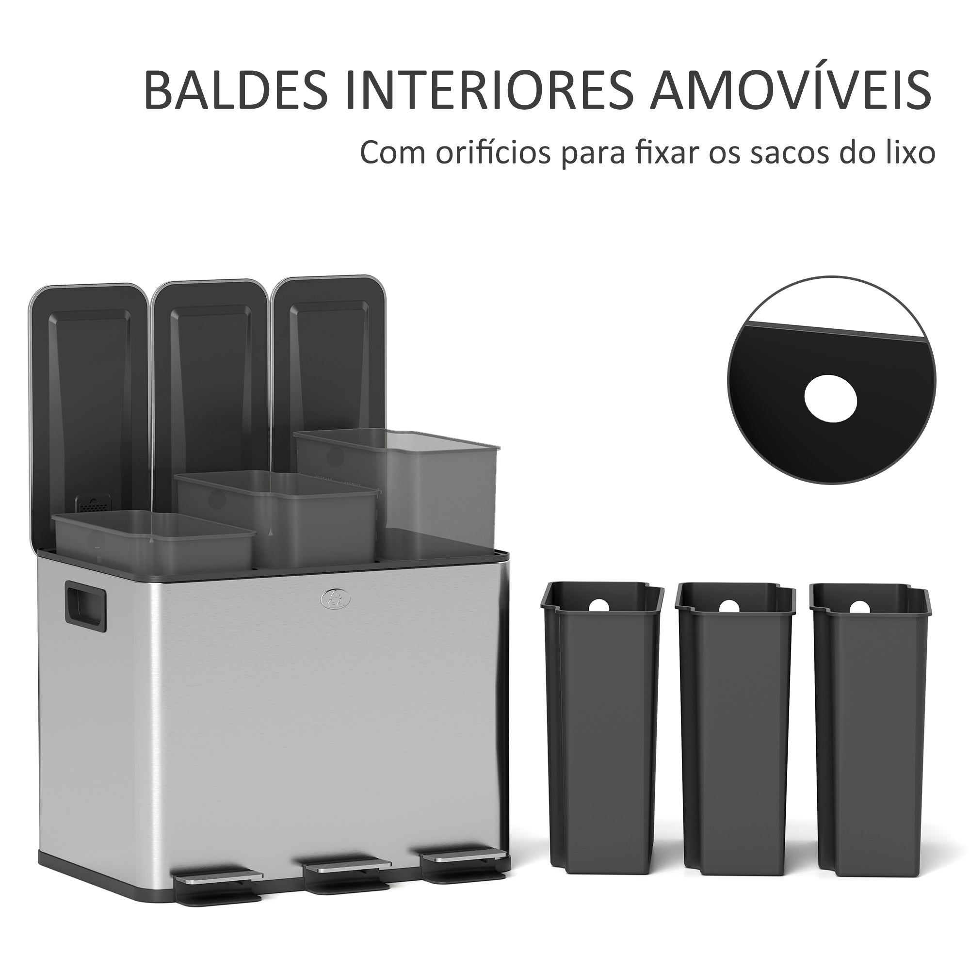Balde de Lixo de Cozinha Tripartido 3x10L – 49,6x34,5x38,6 cm – Prata – Aço inoxidável