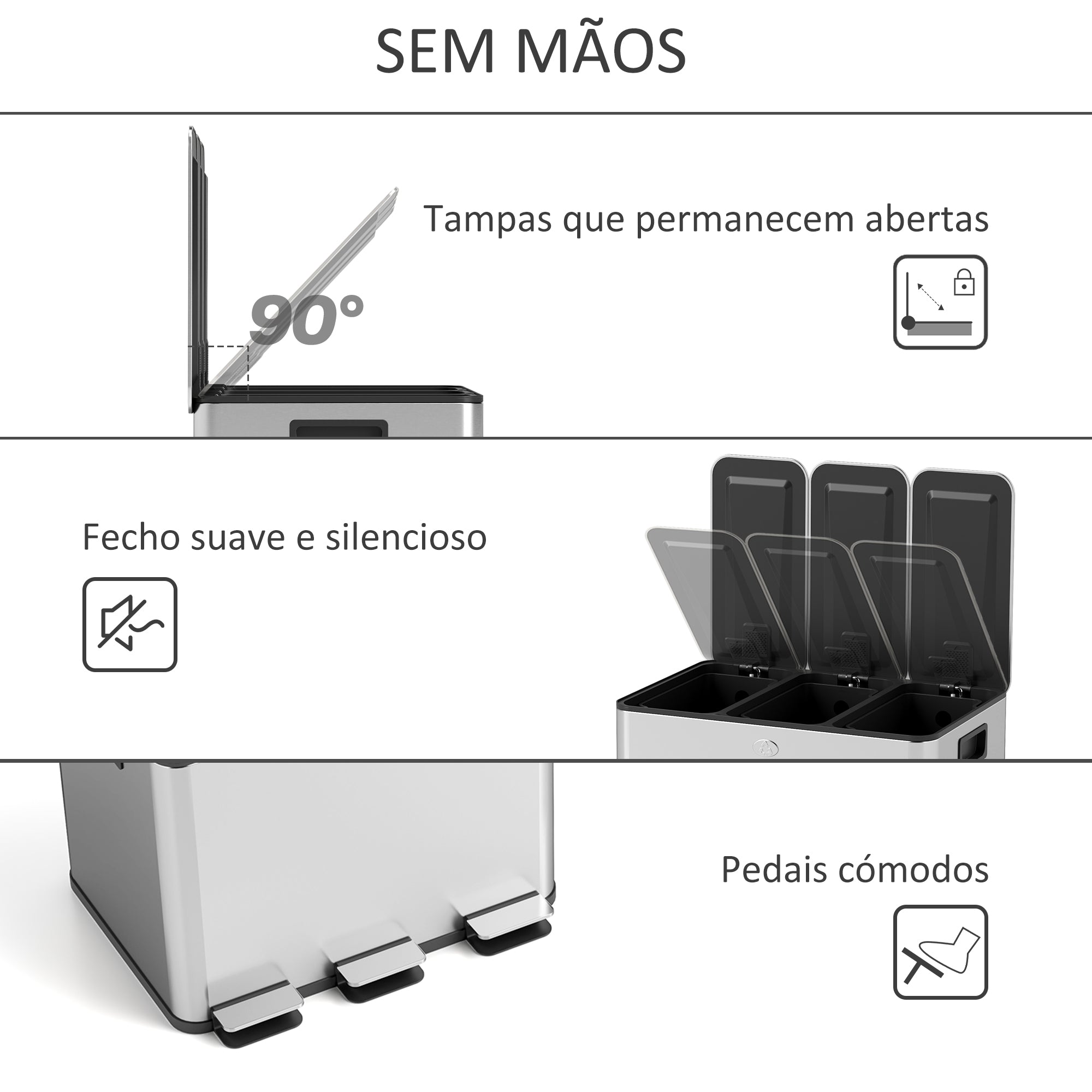 Balde de Lixo de Cozinha Tripartido 3x10L – 49,6x34,5x38,6 cm – Prata – Aço inoxidável