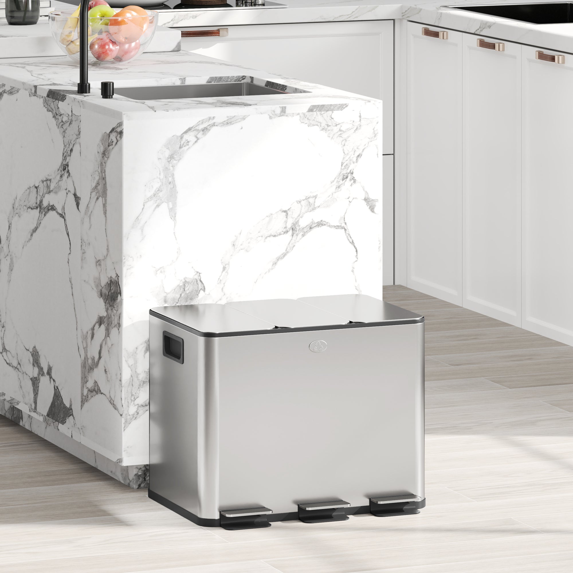 Balde de Lixo de Cozinha Tripartido 3x10L – 49,6x34,5x38,6 cm – Prata – Aço inoxidável