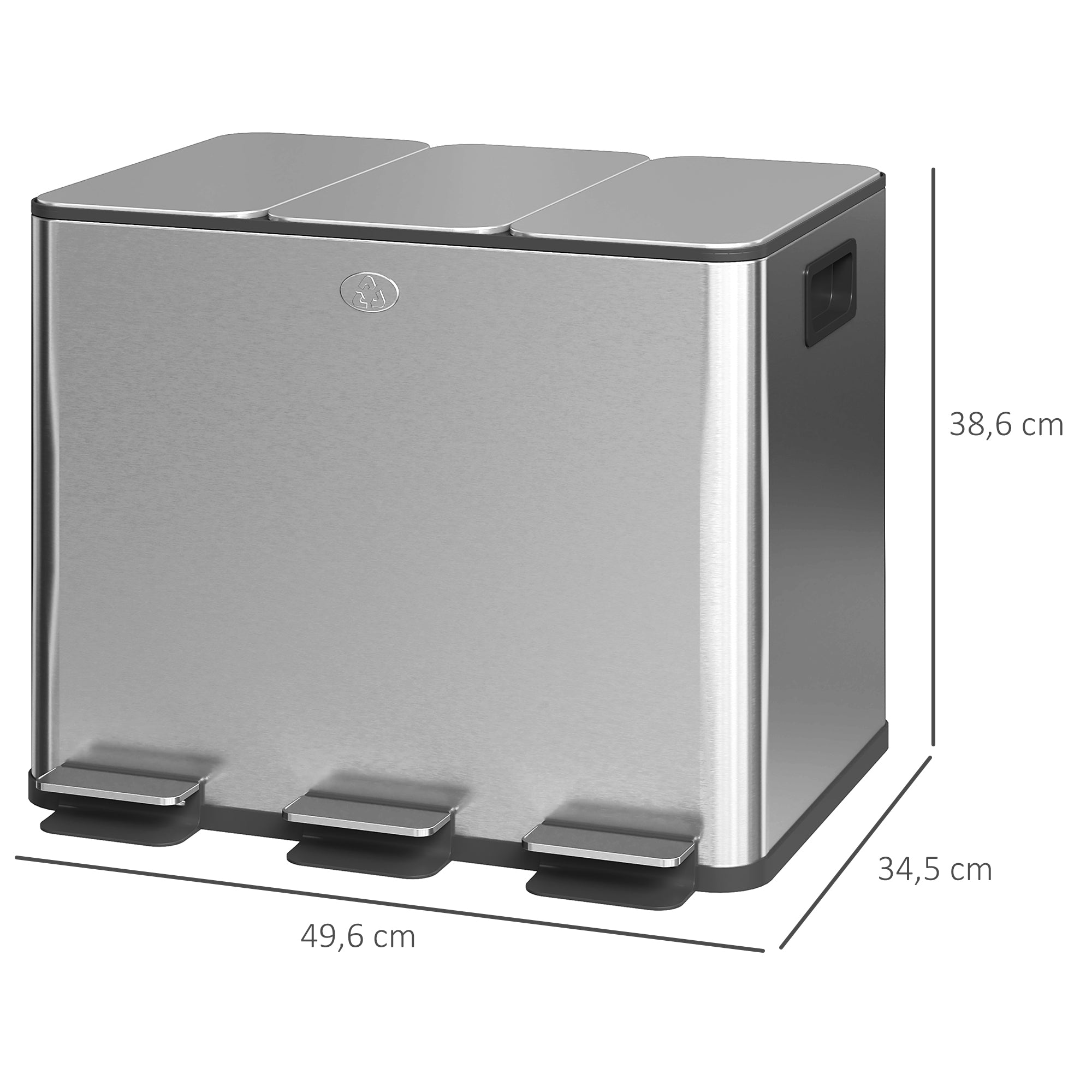 Balde de Lixo de Cozinha Tripartido 3x10L – 49,6x34,5x38,6 cm – Prata – Aço inoxidável