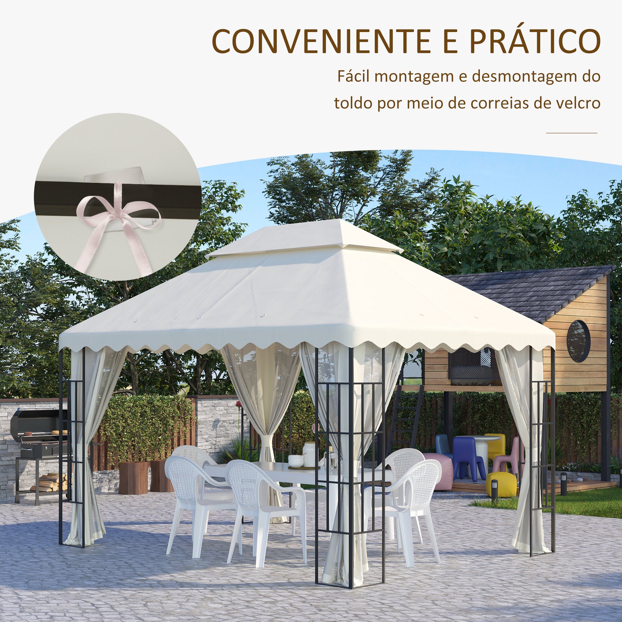 Toldo de Substituição Creme Branco 395x297 cm com Teto Duplo Ventilação