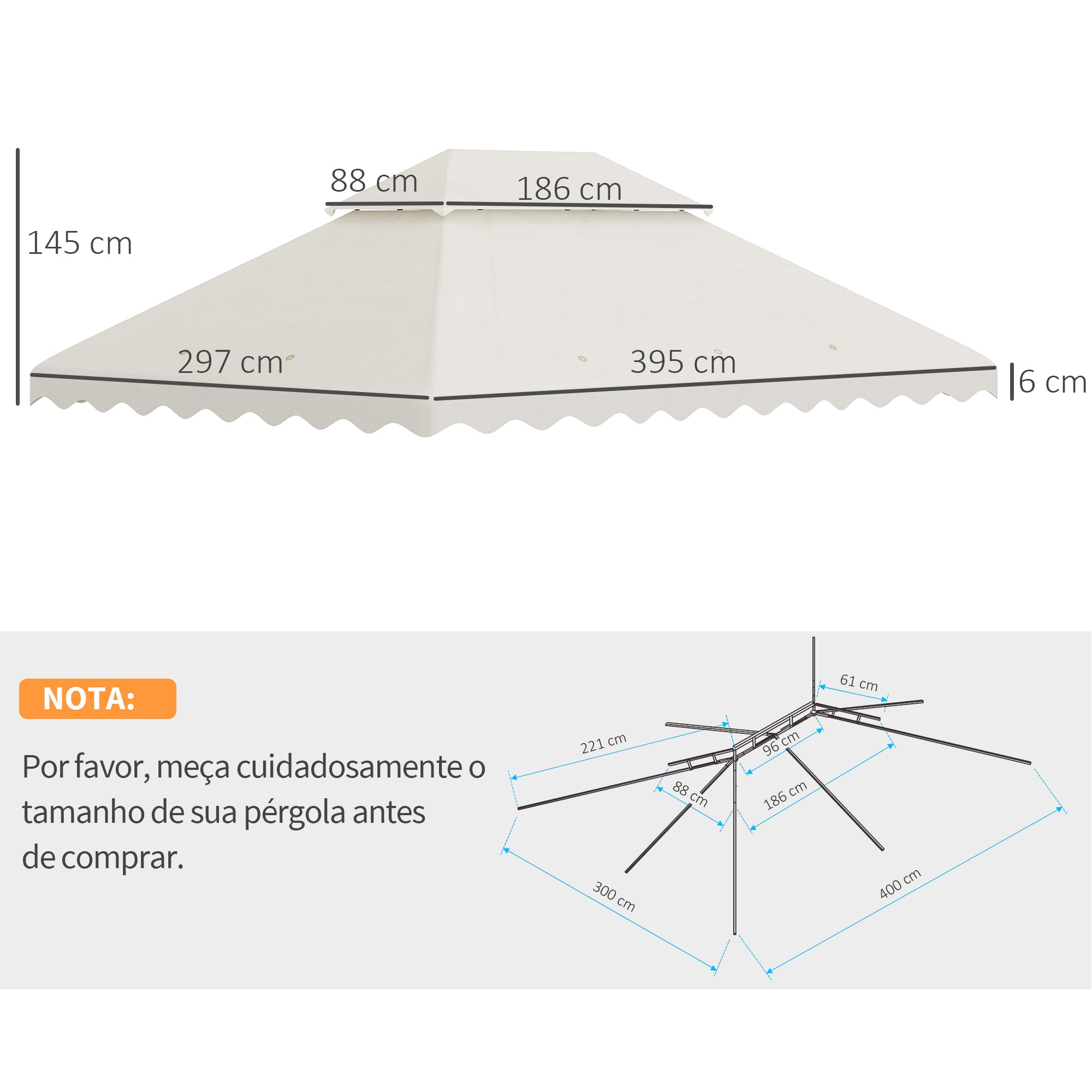 Toldo de Substituição Creme Branco 395x297 cm com Teto Duplo Ventilação