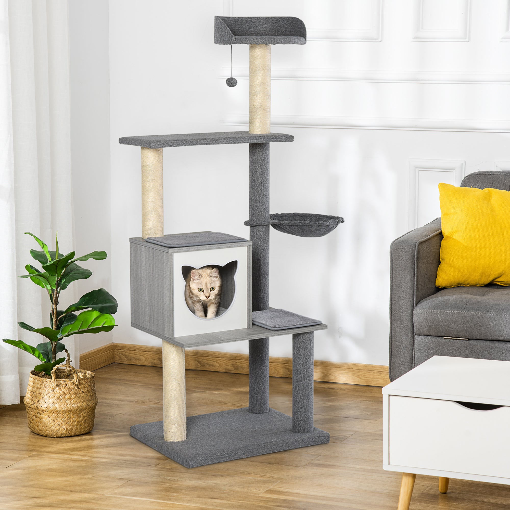 Árvore Arranhador para Gatos Grande 61x49x160,5cm Cinza e Branco