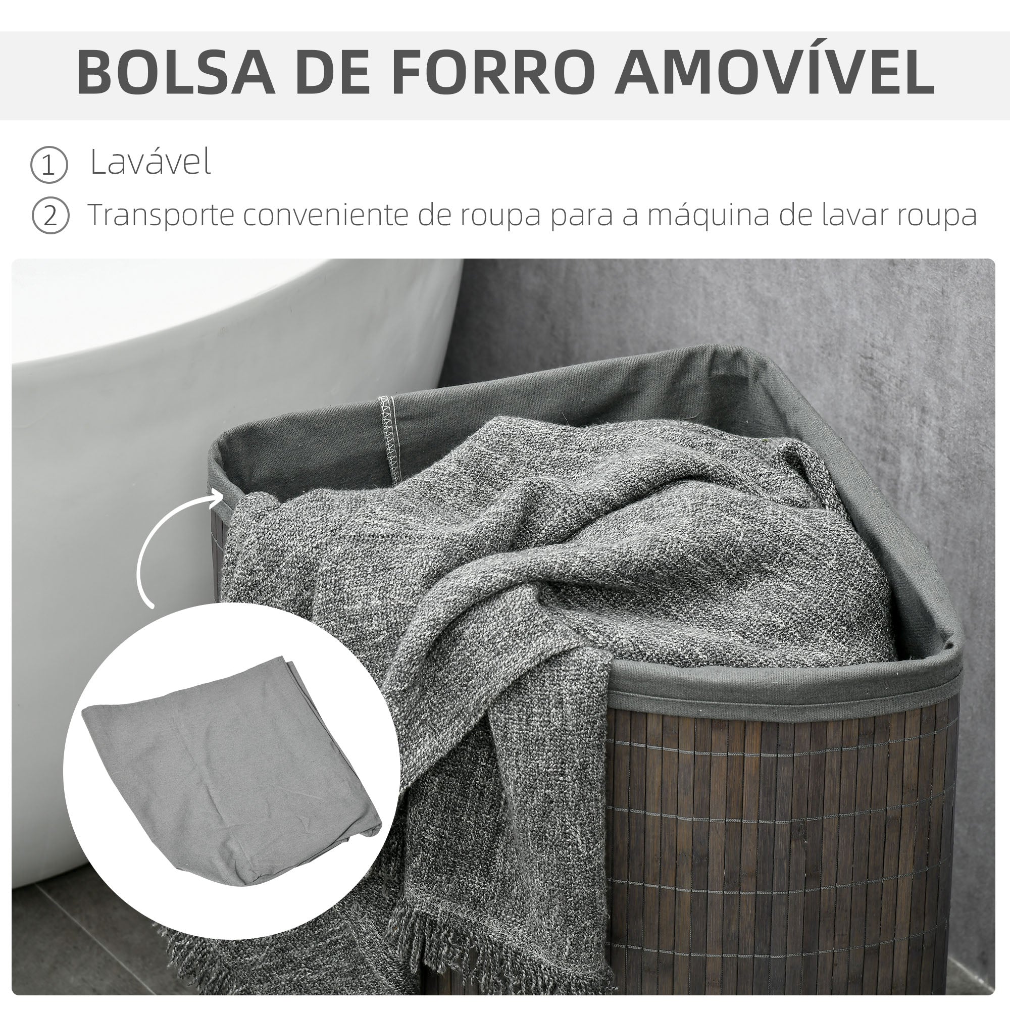 Cesto de Roupa em Bambu Cinzento 38x38x57 cm - Capacidade 55L
