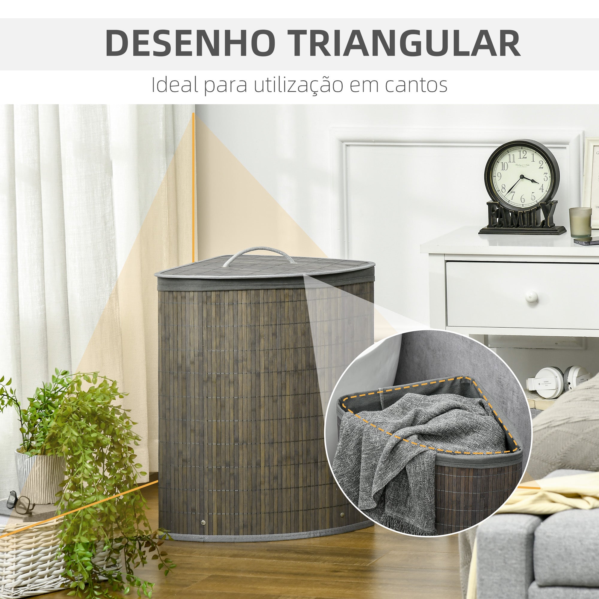 Cesto de Roupa em Bambu Cinzento 38x38x57 cm - Capacidade 55L