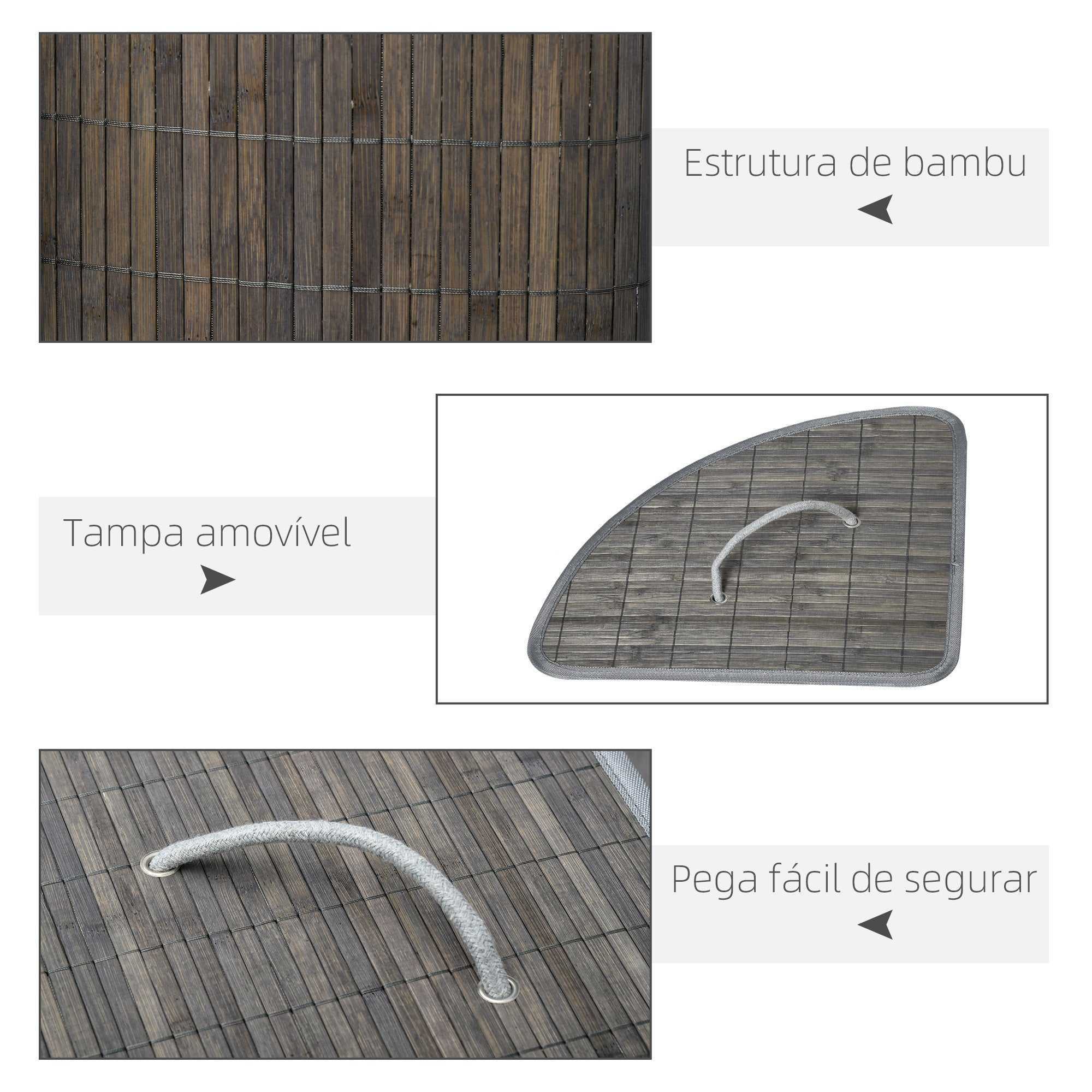 Cesto de Roupa em Bambu Cinzento 38x38x57 cm - Capacidade 55L
