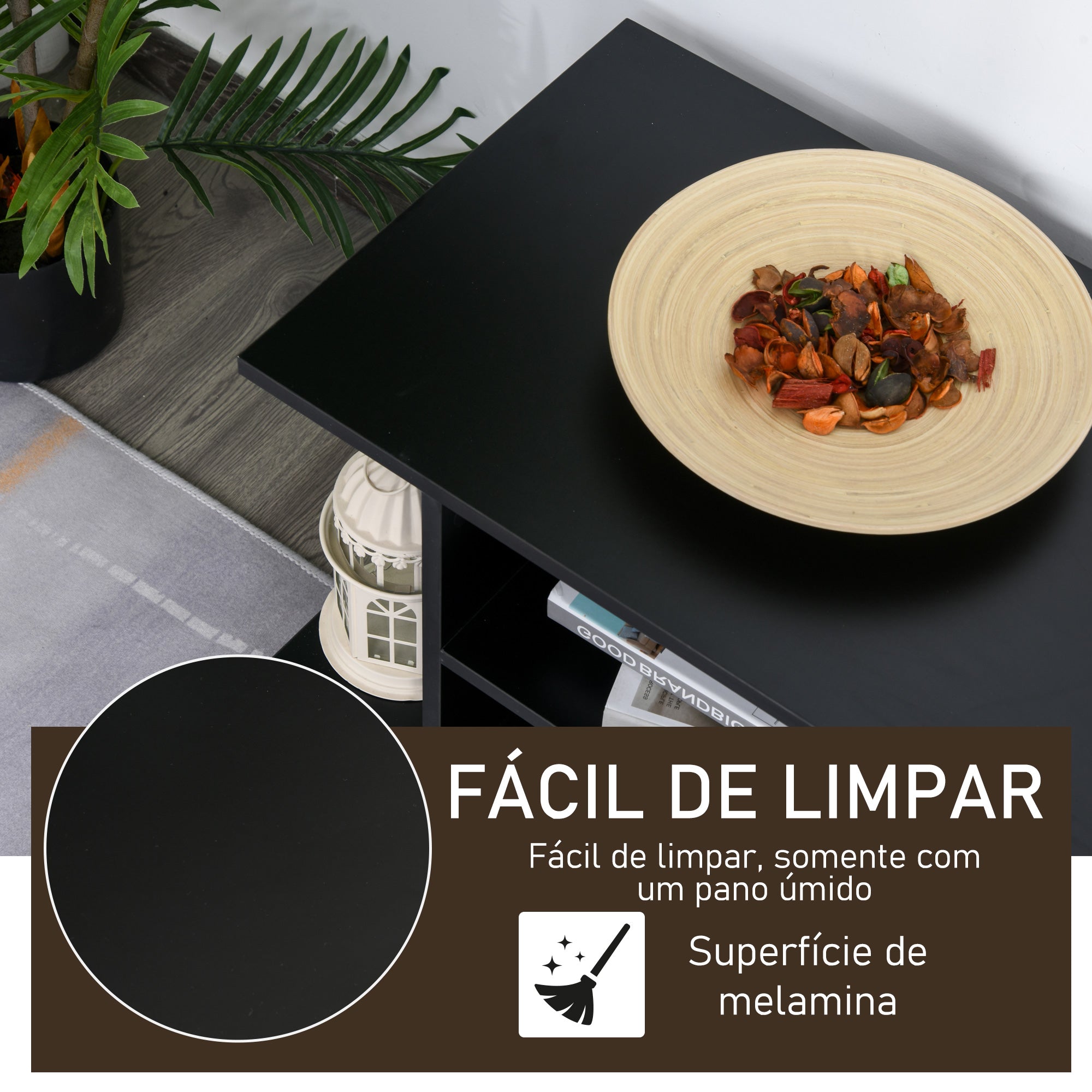 Móvel para TV Preto 80x40x40 cm com Prateleiras e Rodas com Travão