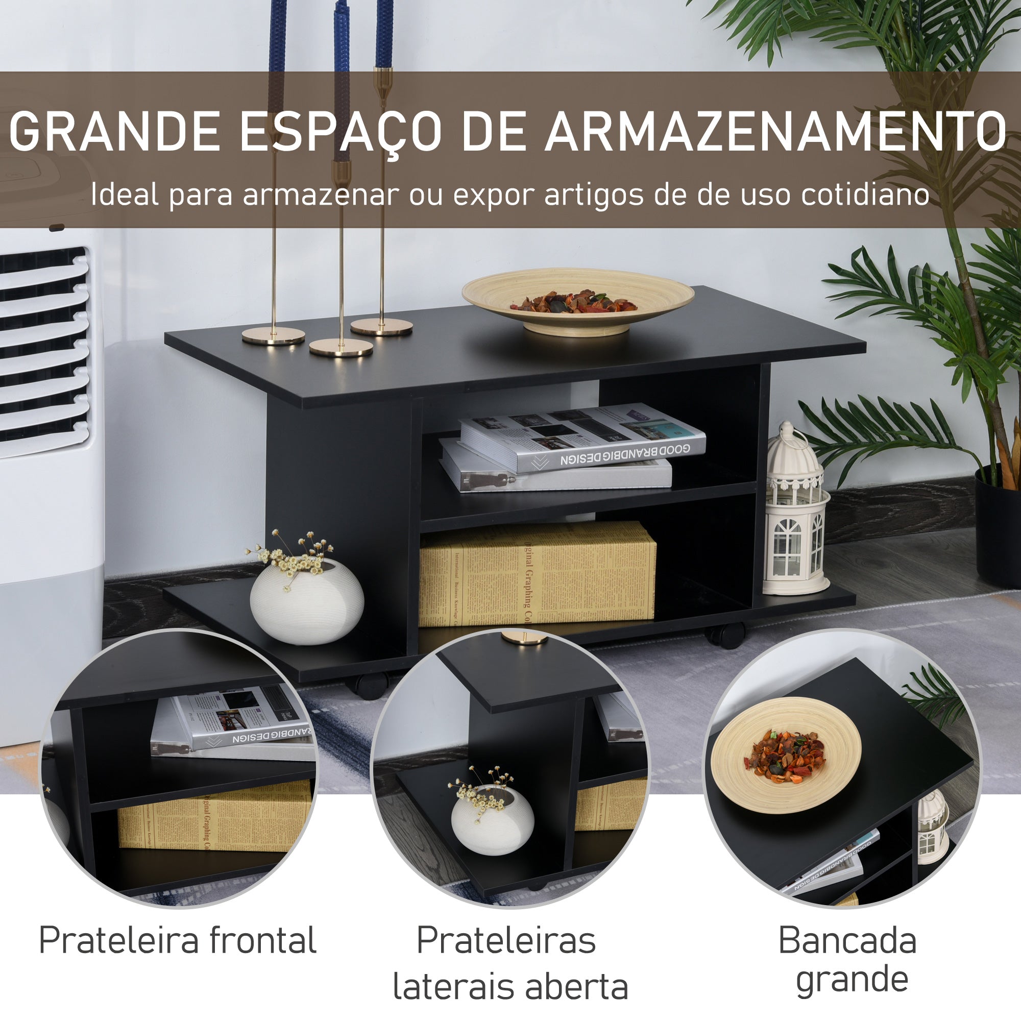 Móvel para TV Preto 80x40x40 cm com Prateleiras e Rodas com Travão