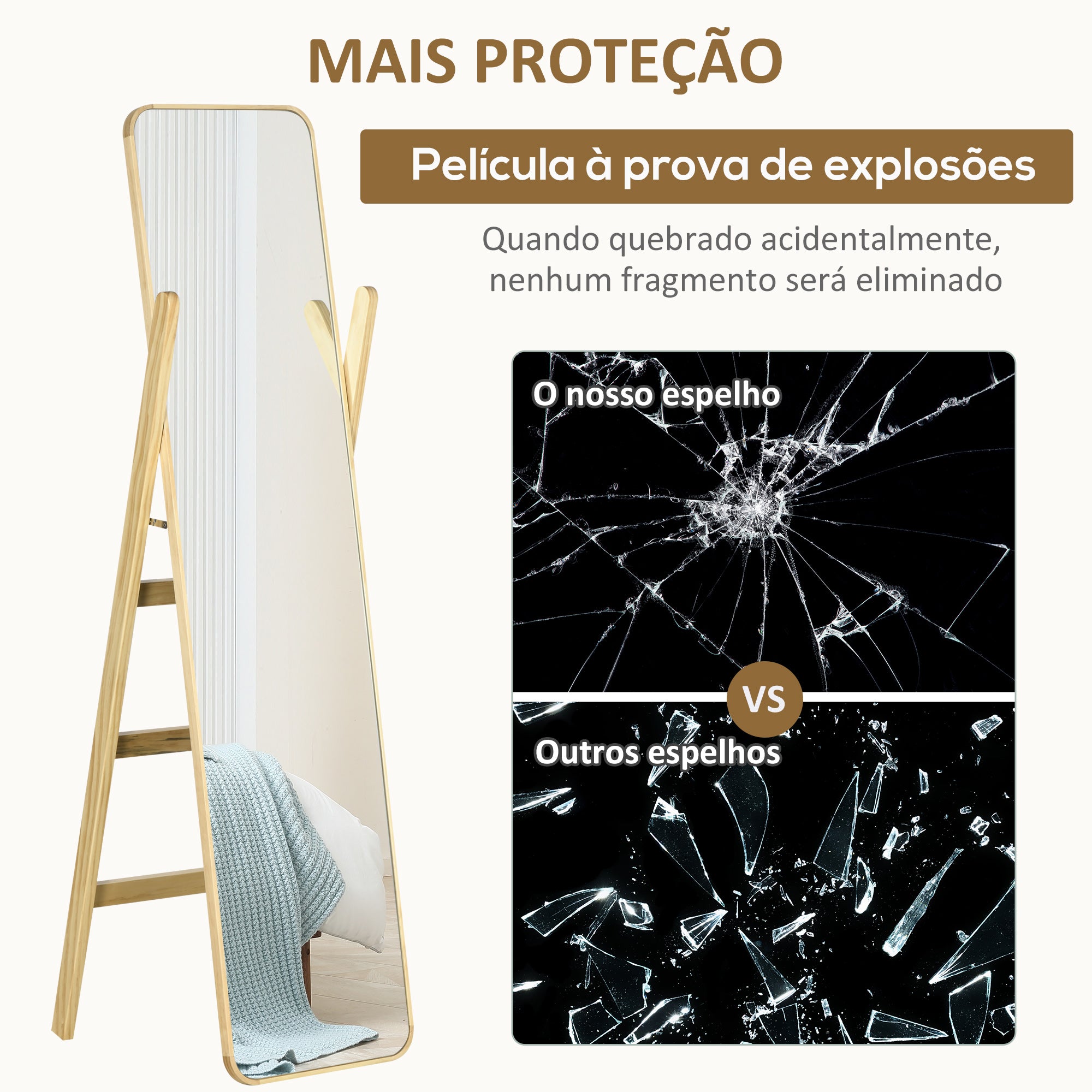 Espelho de Pé/Corpo Inteiro 40x35x147cm Cor de Madeira Natural