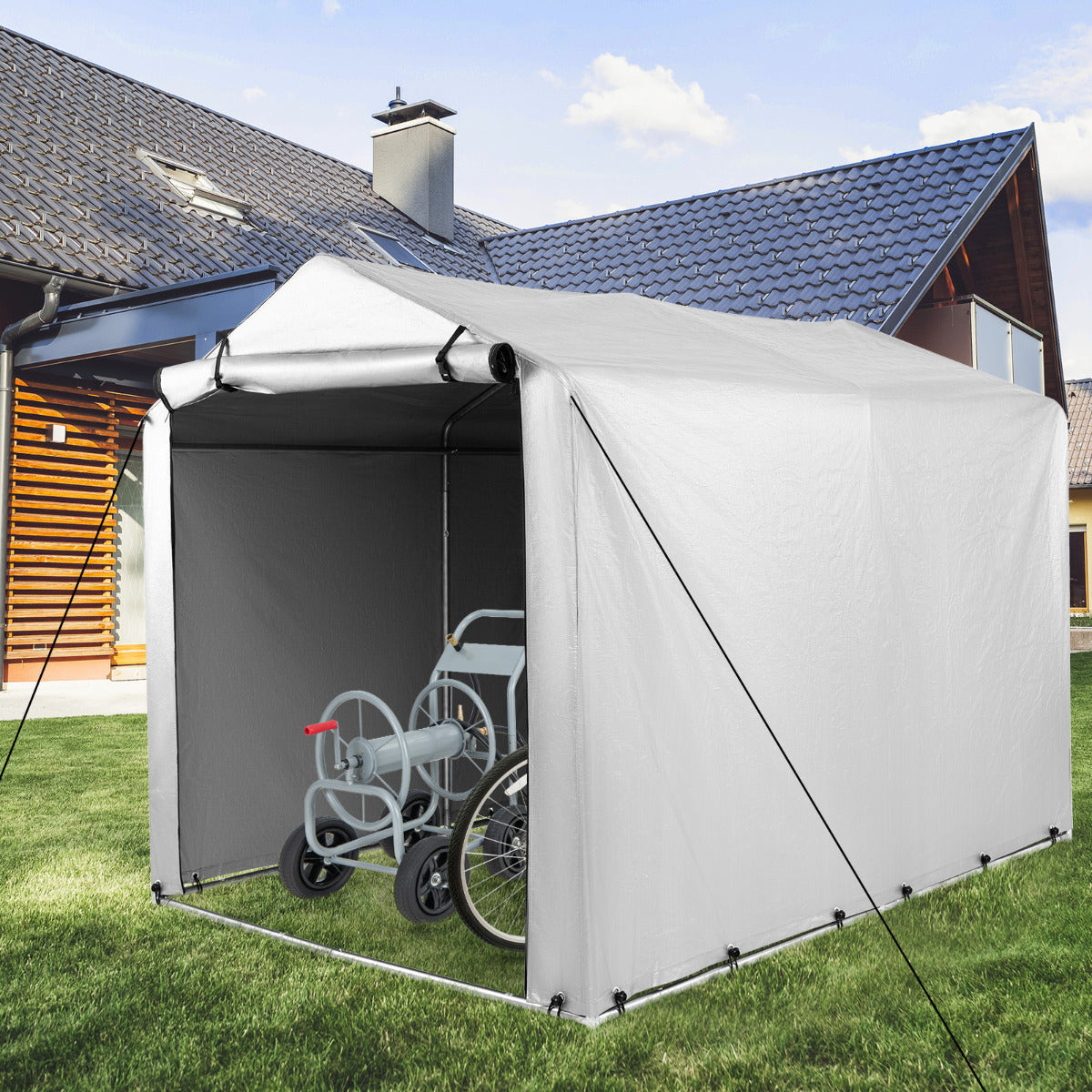 Cobertizo para Bicicleta Exterior com Porta Enrolável com Fecho de Correr Refúgio de Garagem Portátil para Ferramentas 160 x 218 x 164 cm Cinza Claro