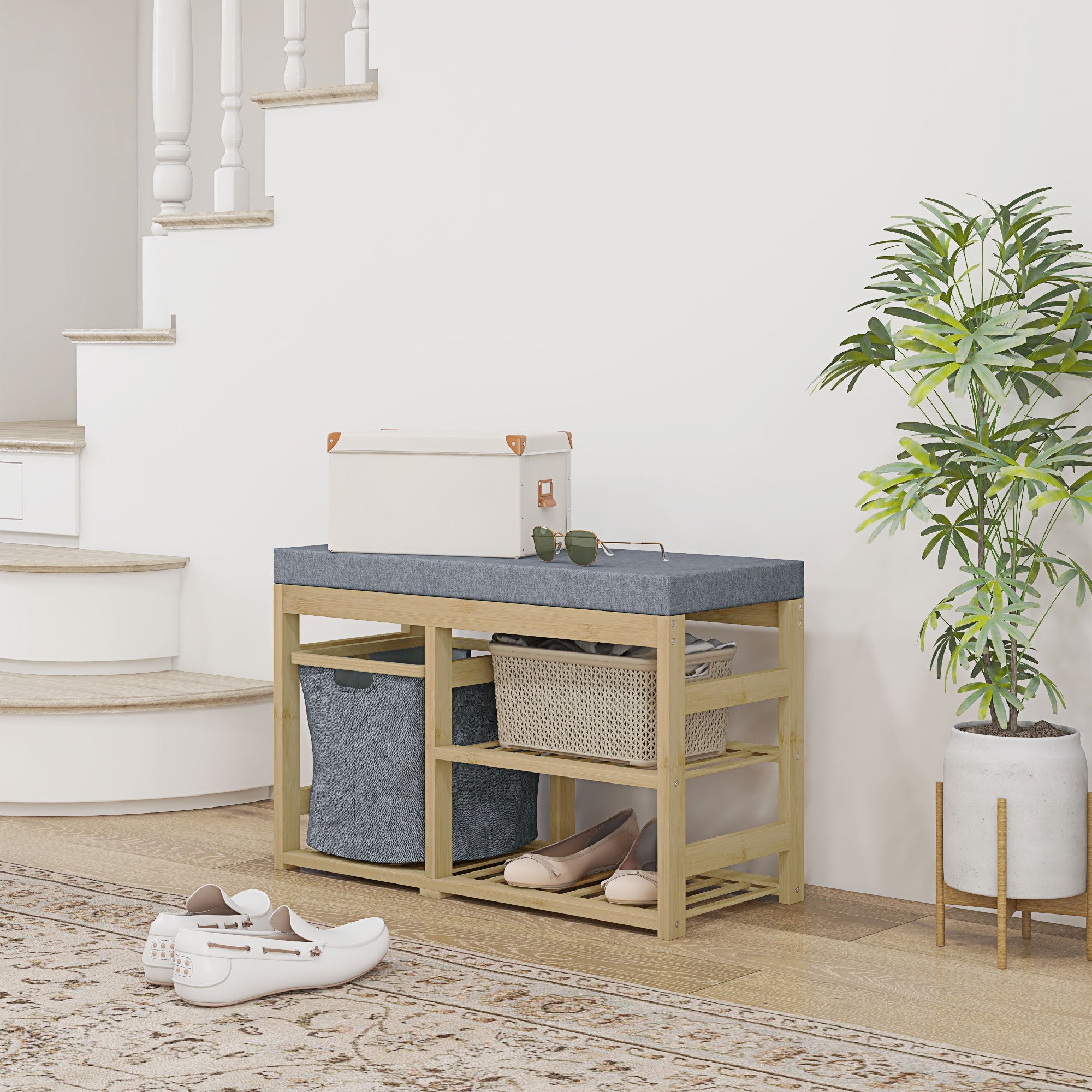Banco para Sapatos de Bambu com Assento Acolchoado – 69x30x45 cm – Cinza – Bambu