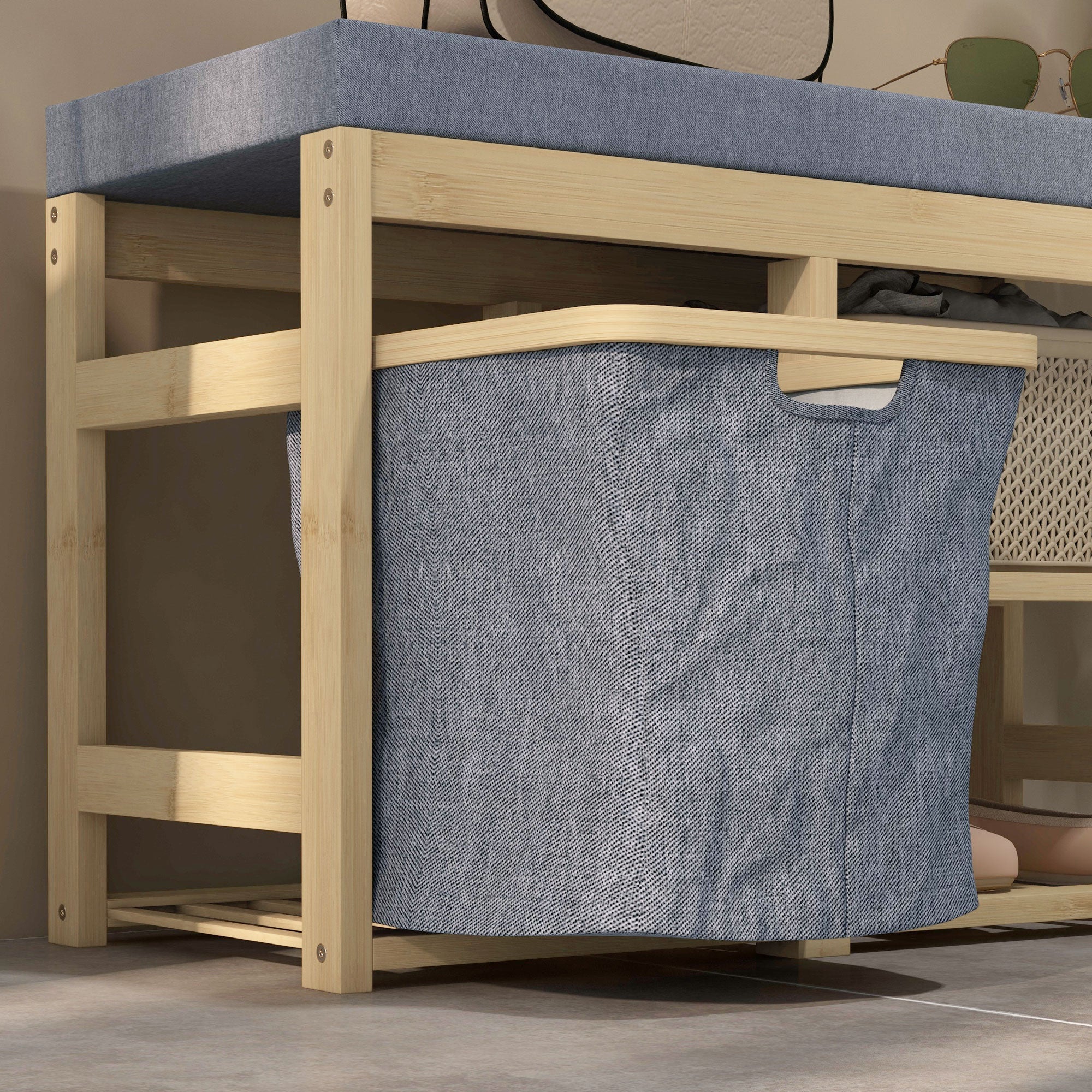 Banco para Sapatos de Bambu com Assento Acolchoado – 69x30x45 cm – Cinza – Bambu