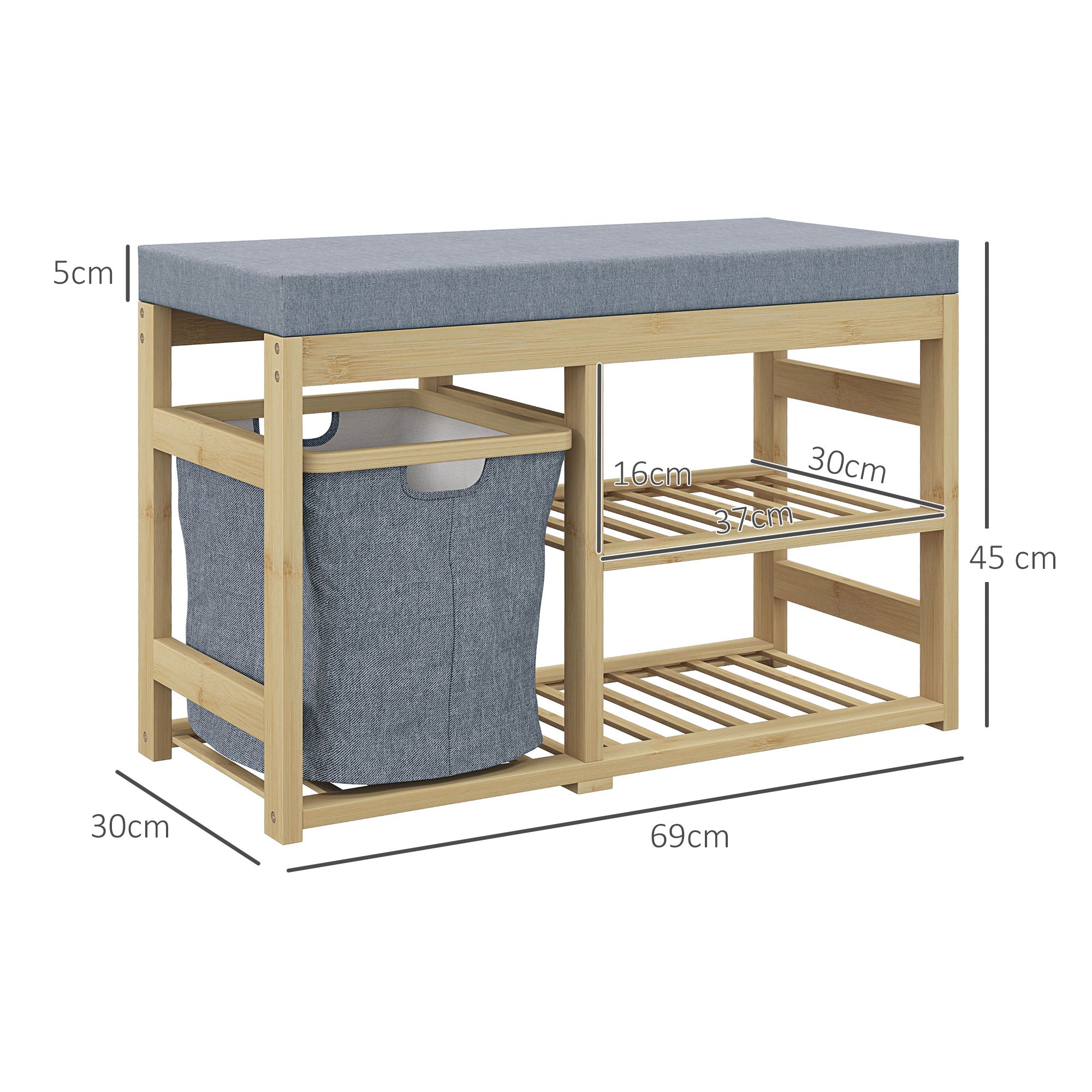 Banco para Sapatos de Bambu com Assento Acolchoado – 69x30x45 cm – Cinza – Bambu