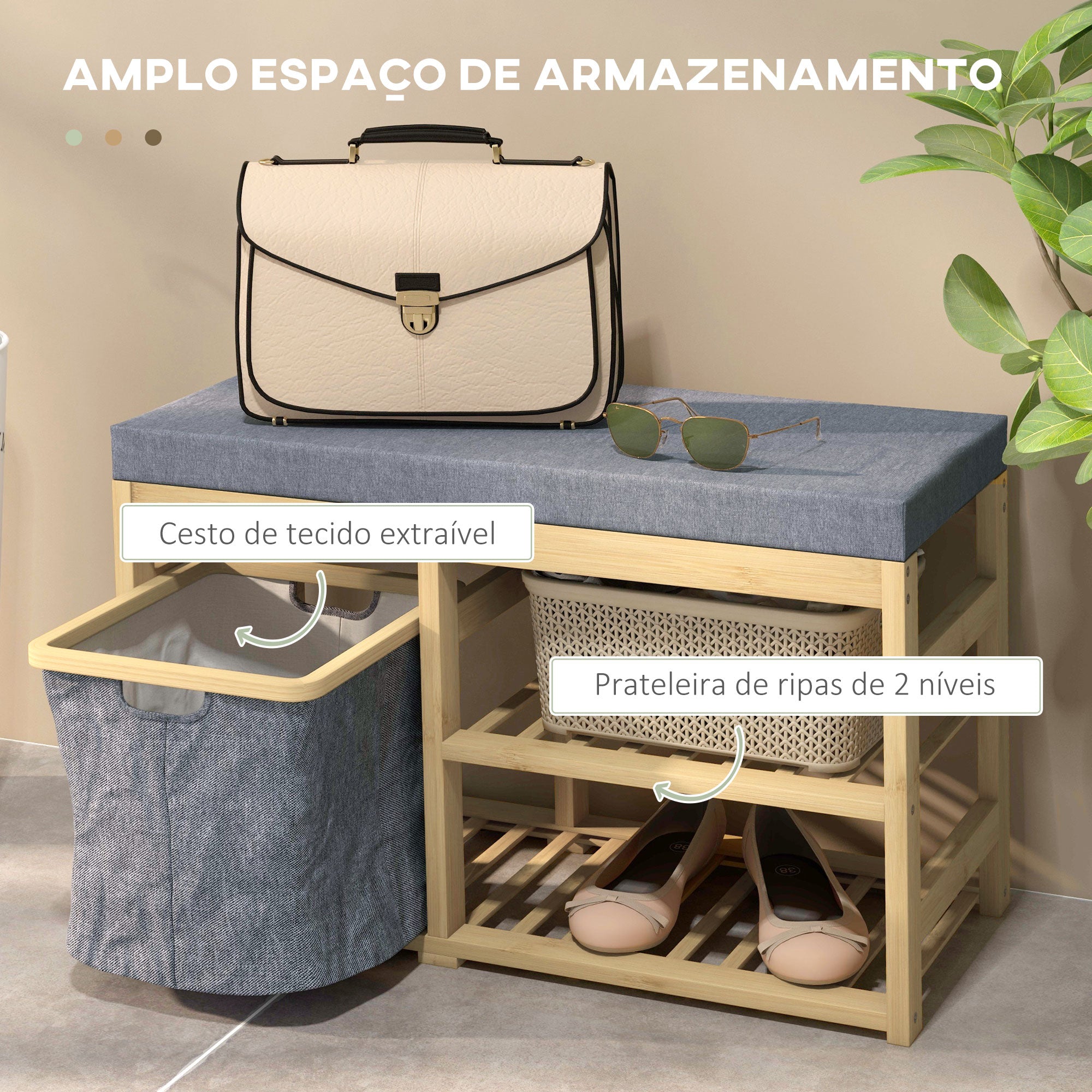 Banco para Sapatos de Bambu com Assento Acolchoado – 69x30x45 cm – Cinza – Bambu