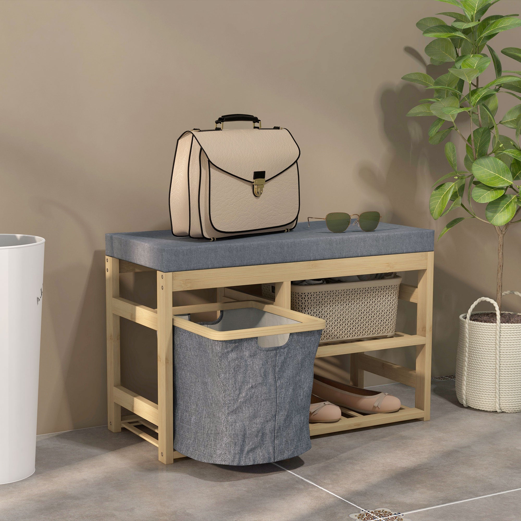 Banco para Sapatos de Bambu com Assento Acolchoado – 69x30x45 cm – Cinza – Bambu