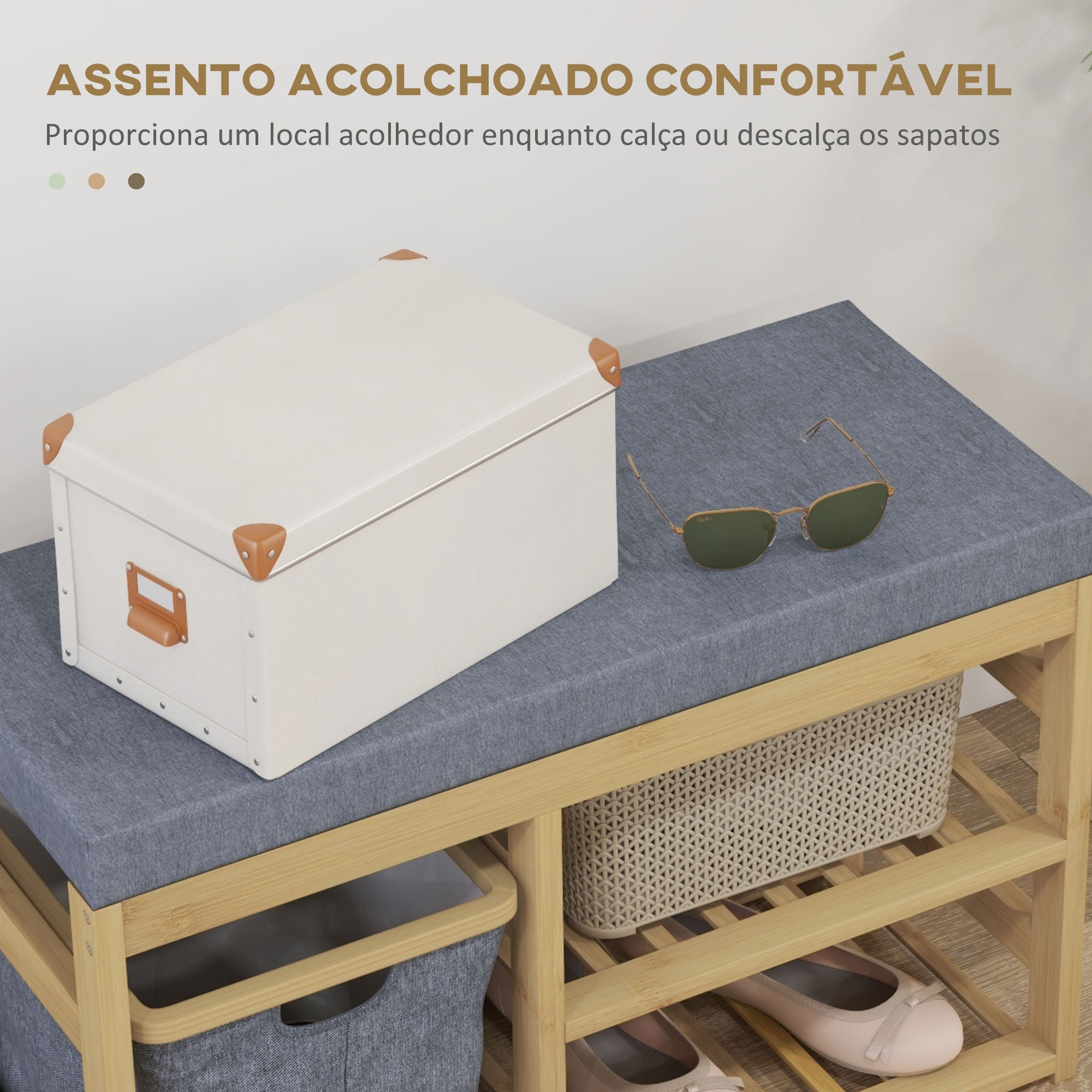 Banco para Sapatos de Bambu com Assento Acolchoado – 69x30x45 cm – Cinza – Bambu