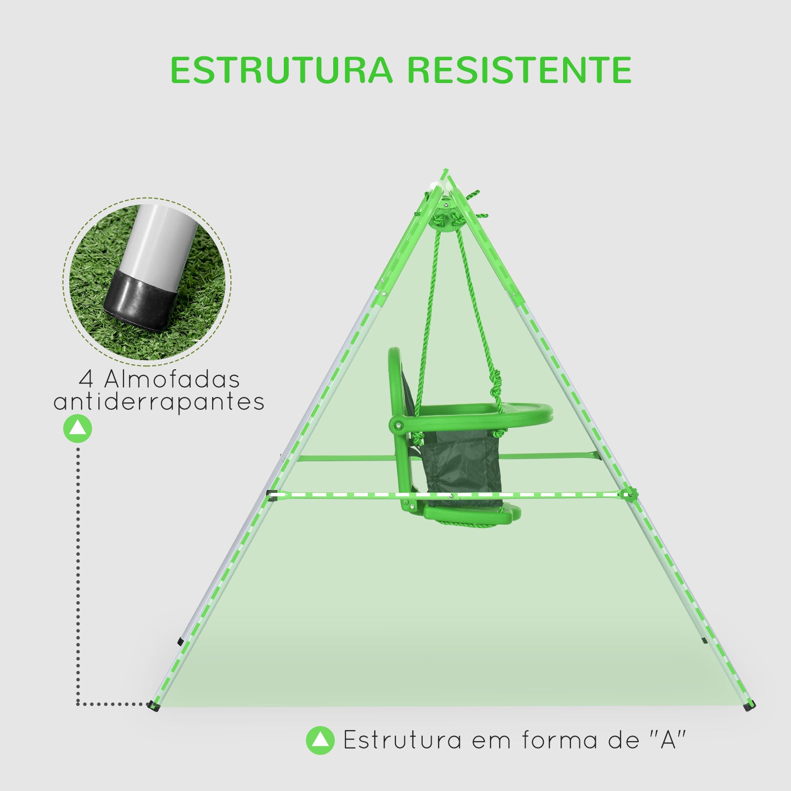 Baloiço Infantil Verde 122x146x122 cm com Encosto Alto e Arnês de Segurança