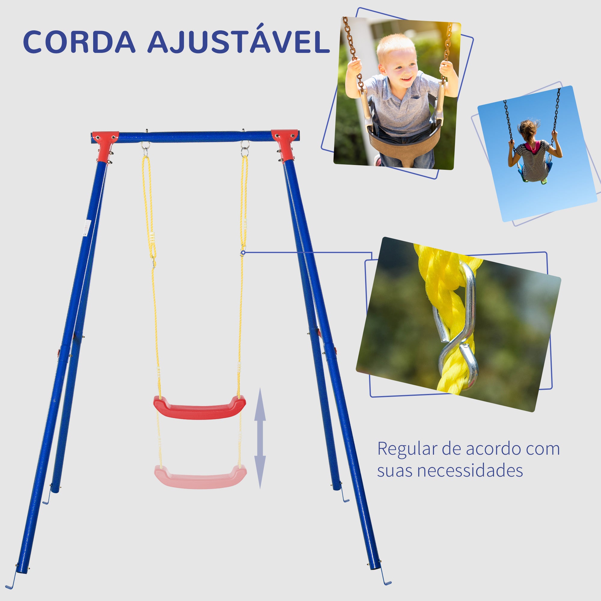 Balanço Infantil Multicolorido 155x160x180cm - Assento de Corda Ajustável