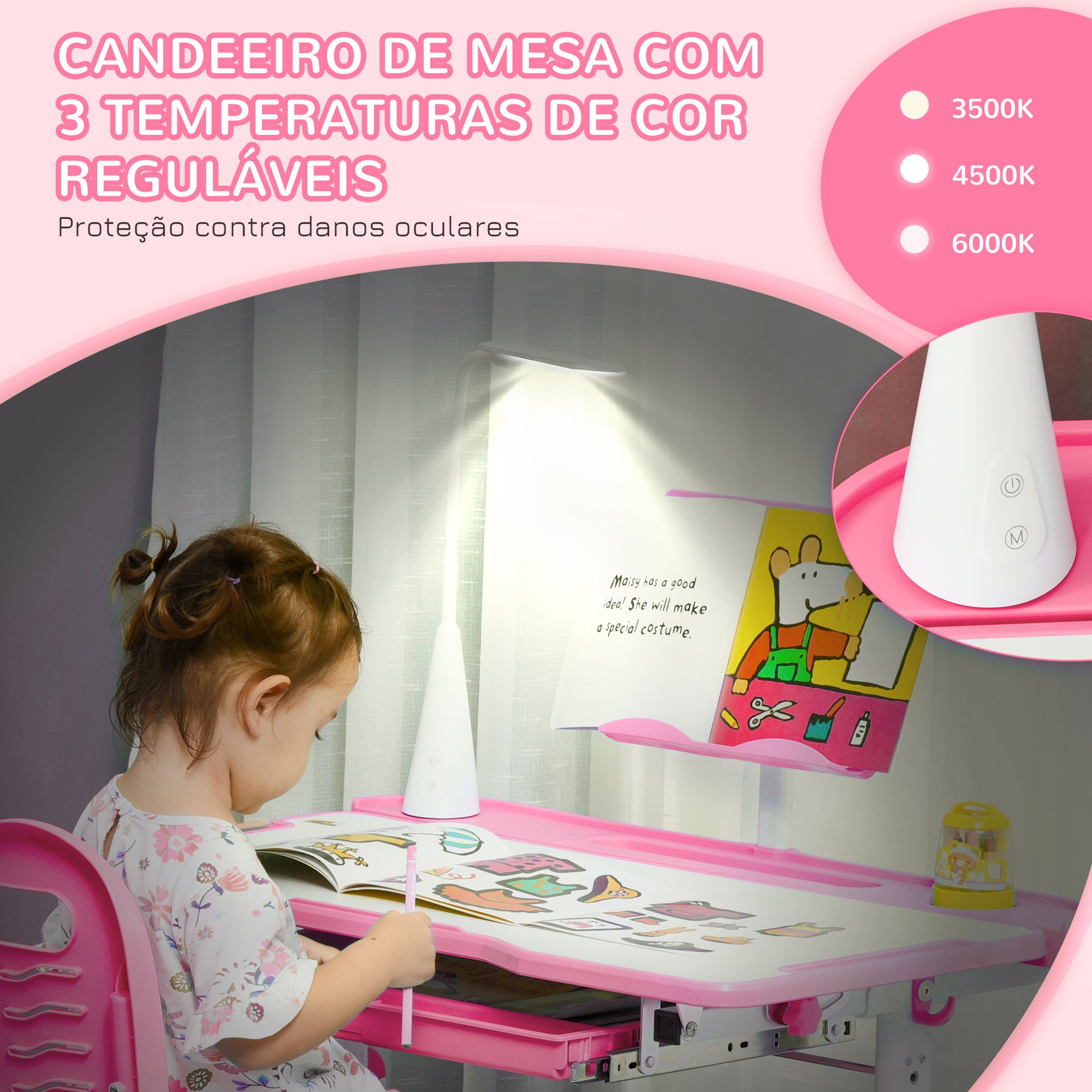 Secretária e Cadeira Infantil – 80x49,5x80-105cm – Rosa – Polipropileno, MDF e Aço