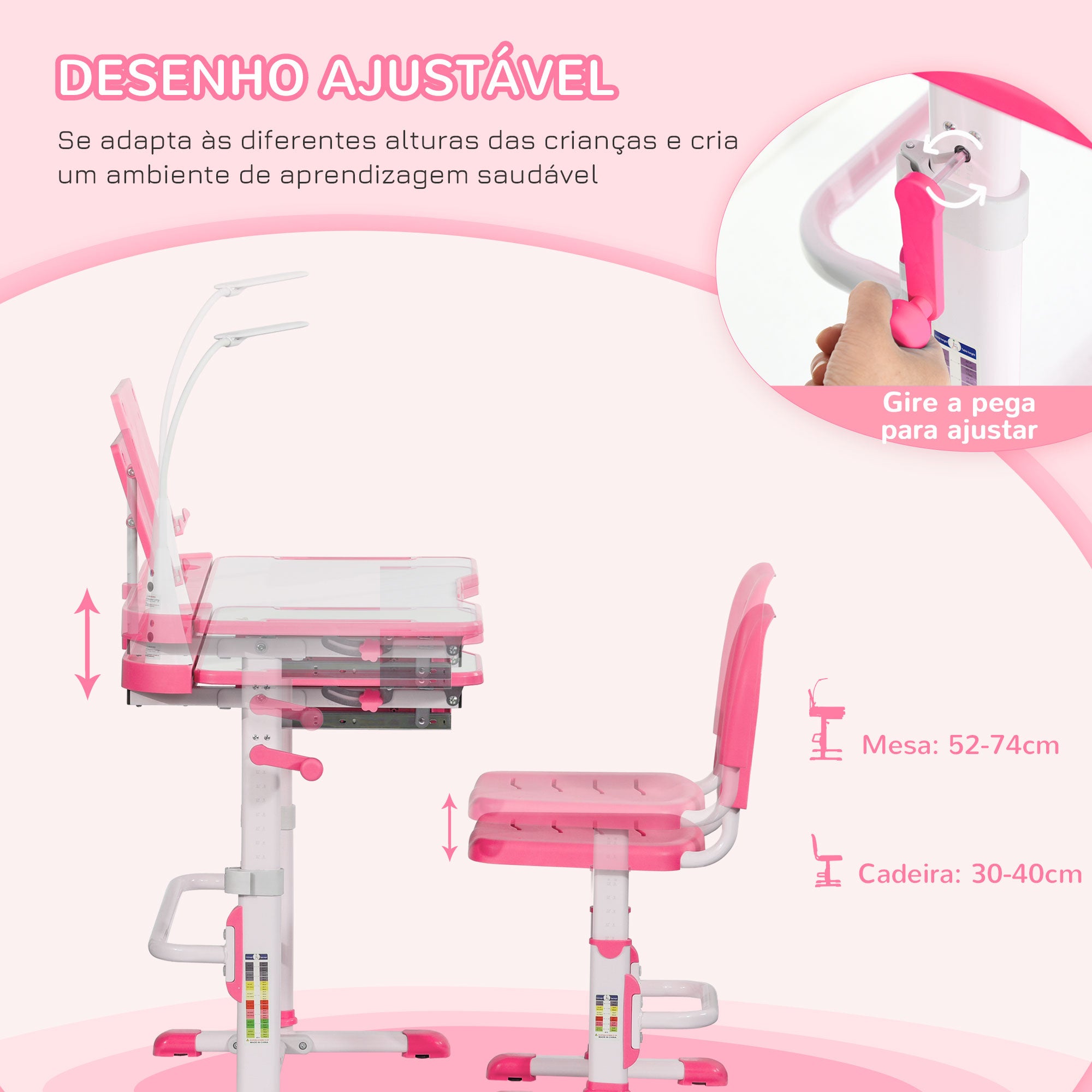 Secretária e Cadeira Infantil – 80x49,5x80-105cm – Rosa – Polipropileno, MDF e Aço