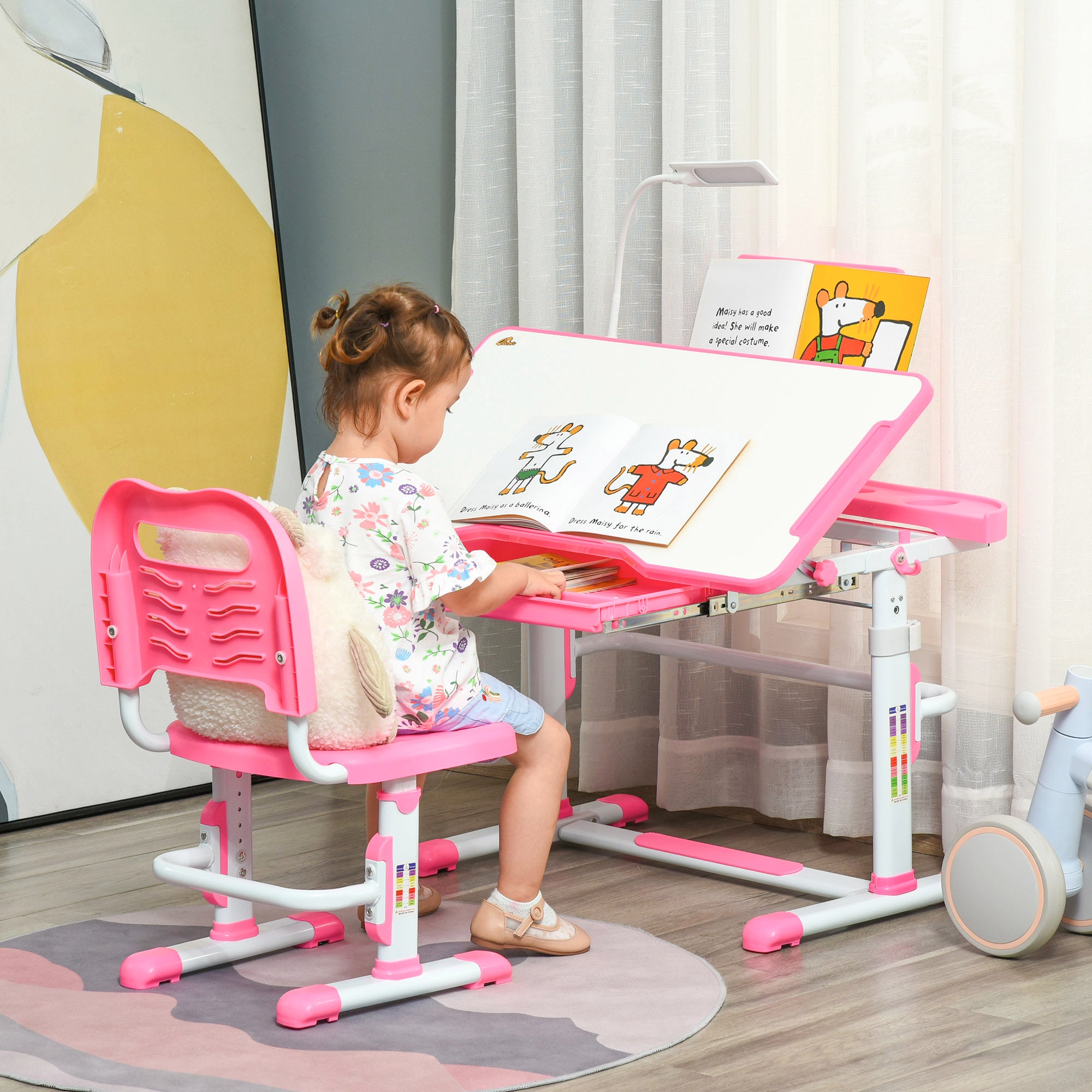 Secretária e Cadeira Infantil – 80x49,5x80-105cm – Rosa – Polipropileno, MDF e Aço