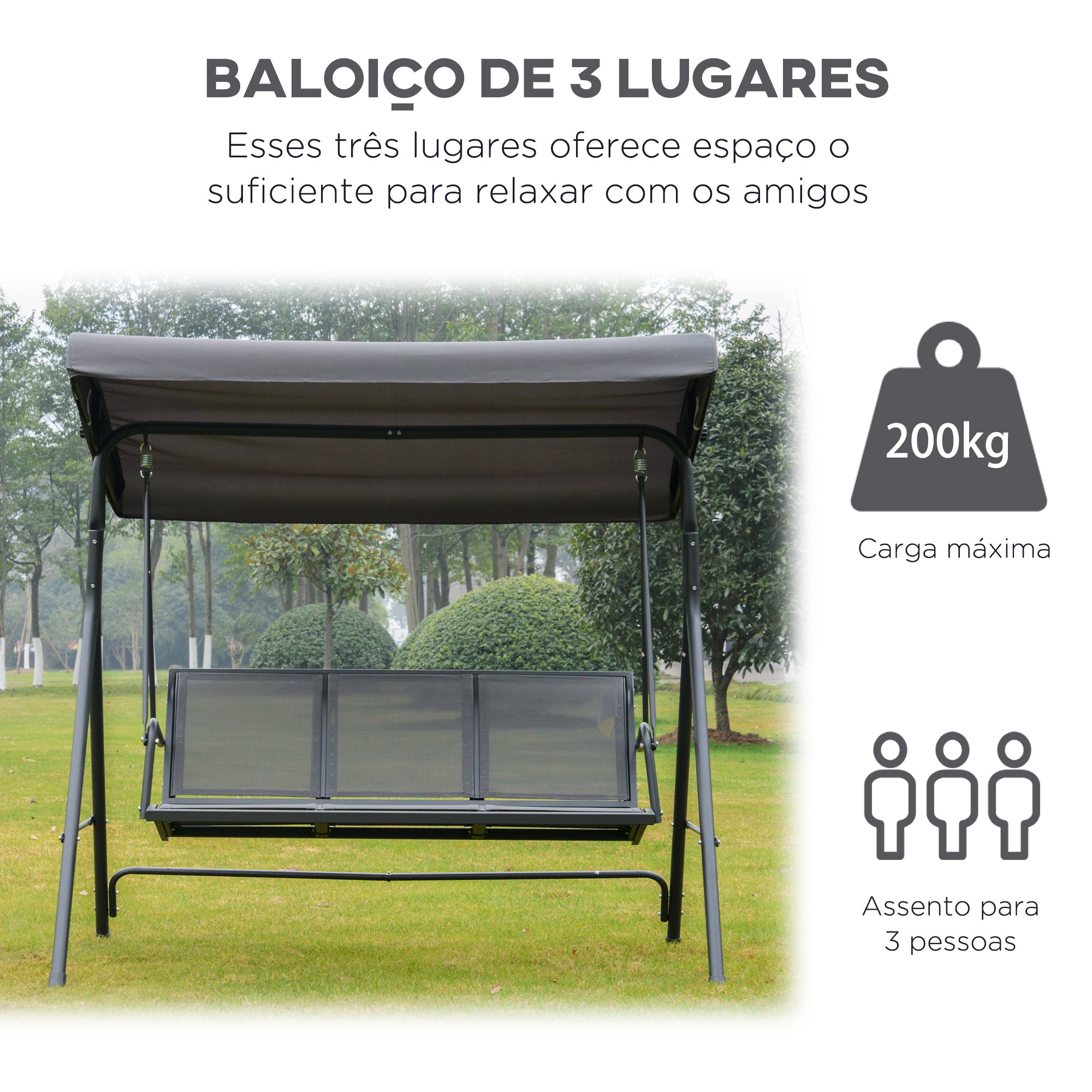 Baloiço de Jardim 3 Lugares 175x118x159 cm Cinzento