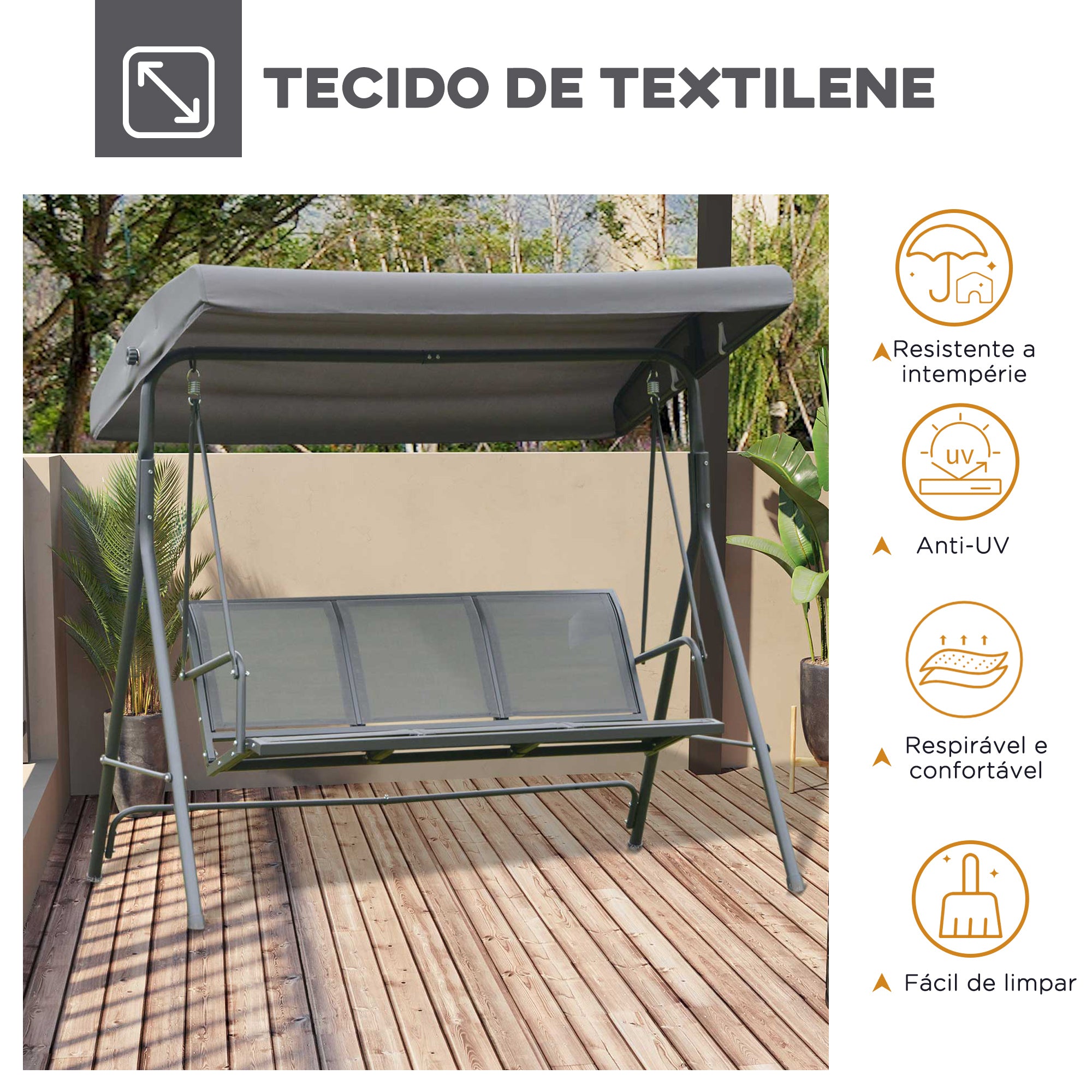 Baloiço de Jardim 3 Lugares 175x118x159 cm Cinzento