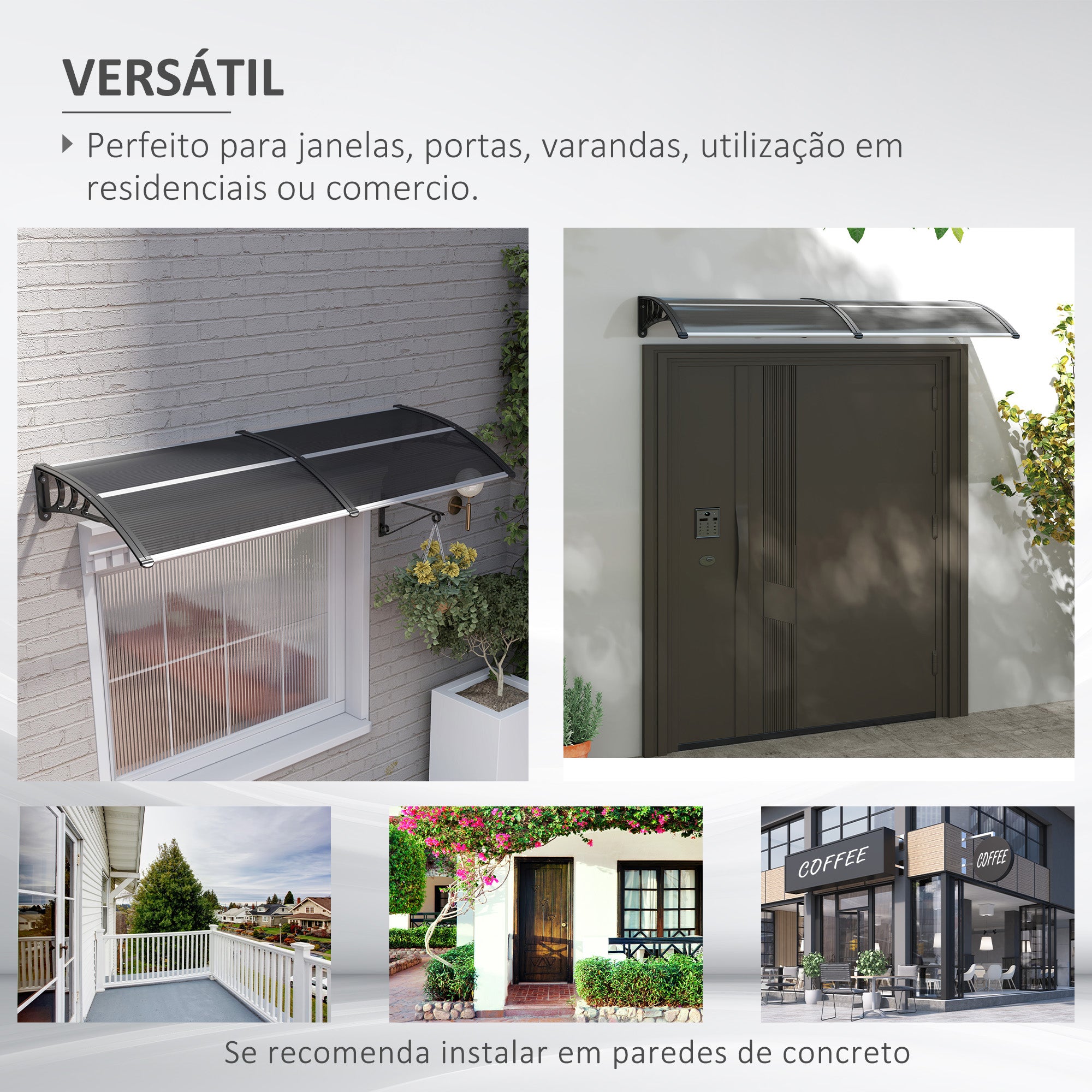 Marquise de Proteção Solar e Chuva – 196x75x23 cm – Transparente e Preto – Policarbonato