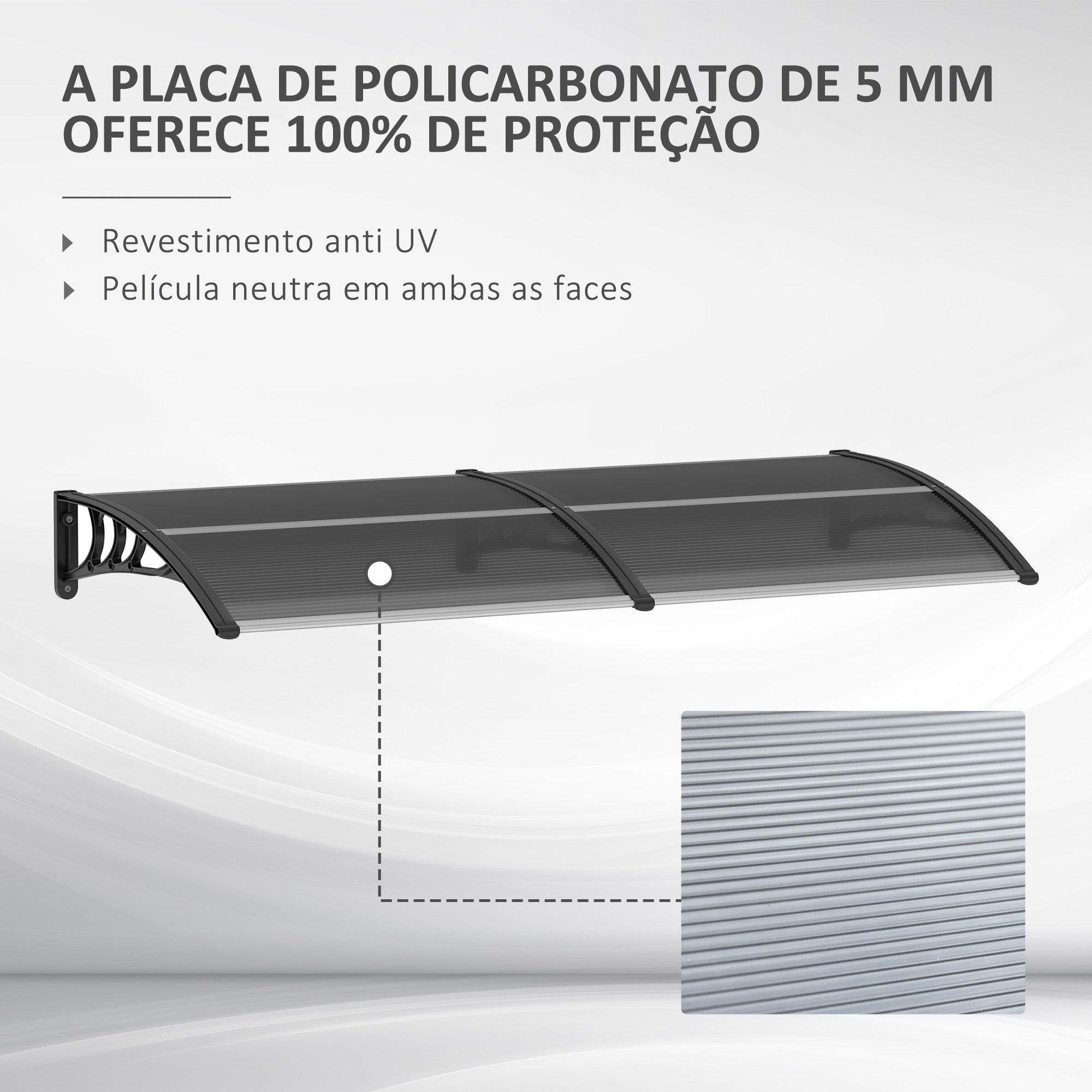 Marquise de Proteção Solar e Chuva – 196x75x23 cm – Transparente e Preto – Policarbonato