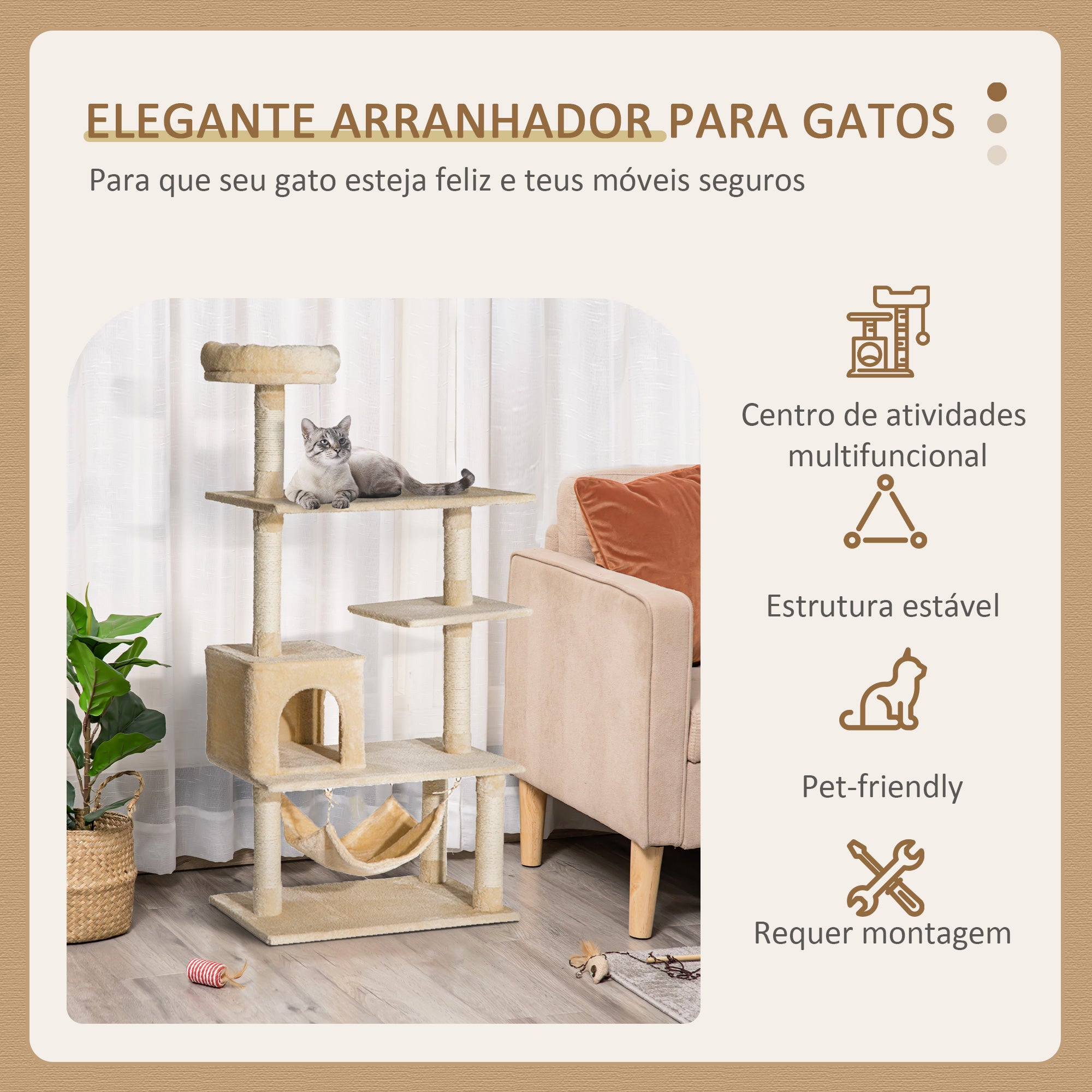 Arranhador de Árvore para Gatos 152x70x40 cm Bege