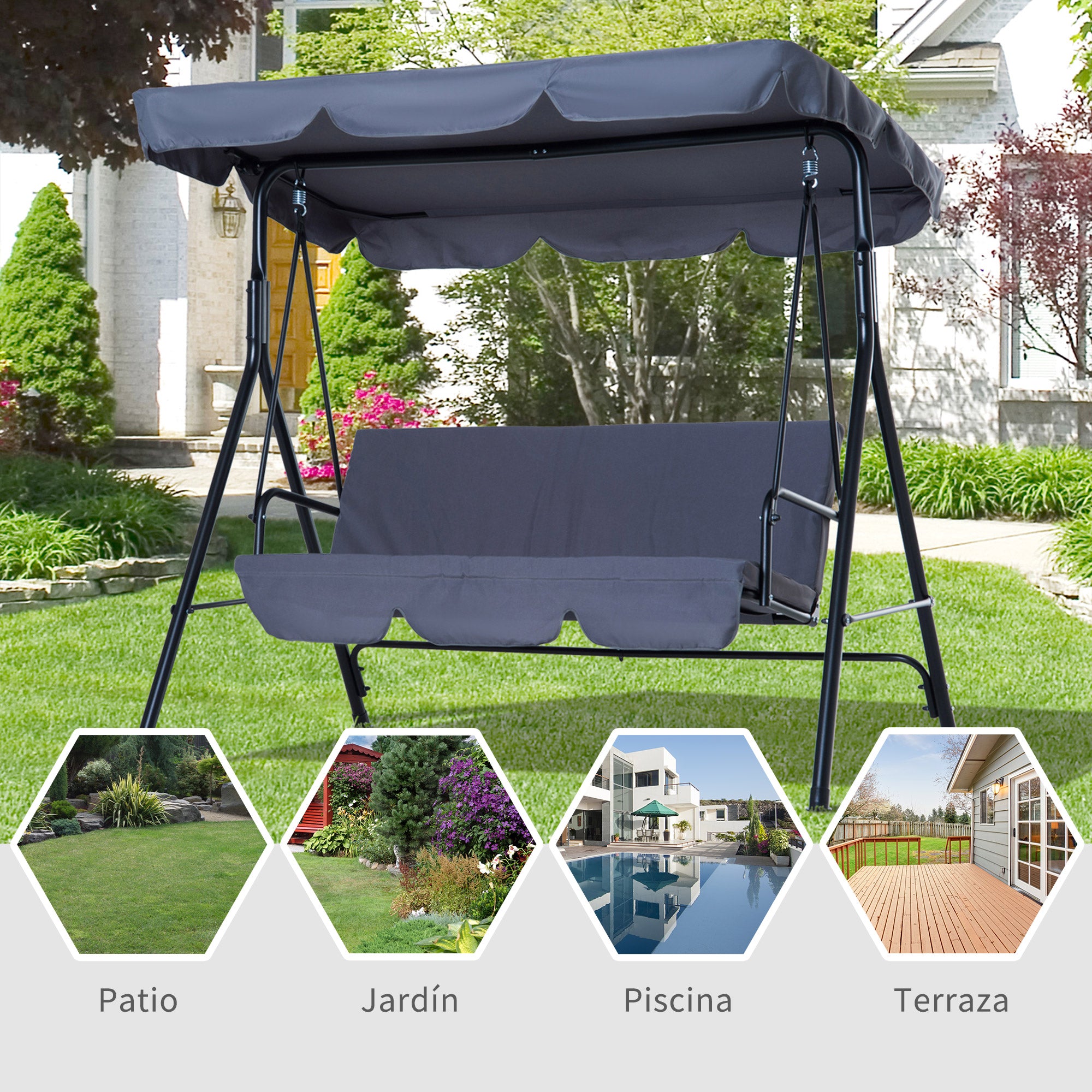 Baloiço de Jardim 3 Lugares Cinza 172x110x153 cm