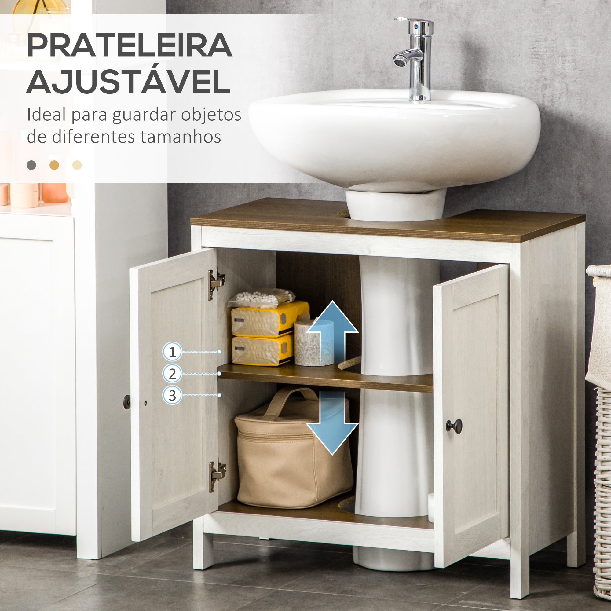 Móvel para Lavatório de Madeira 60x30x60cm - Branco Envelhecido e Madeira