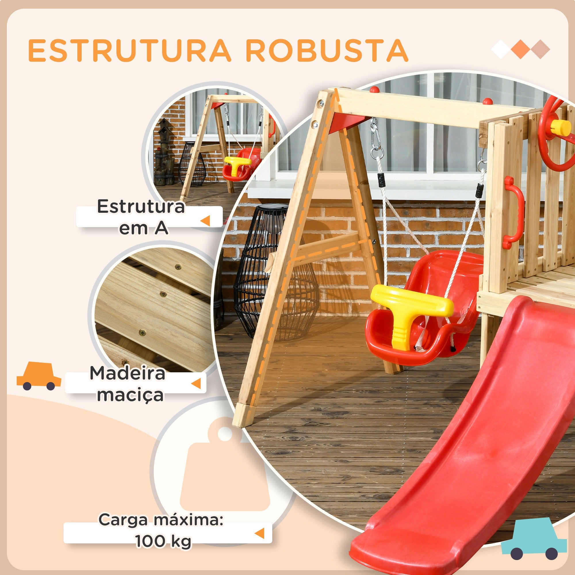 Parque Infantil de Madeira 4 em 1 Vermelho 170x200x118 cm