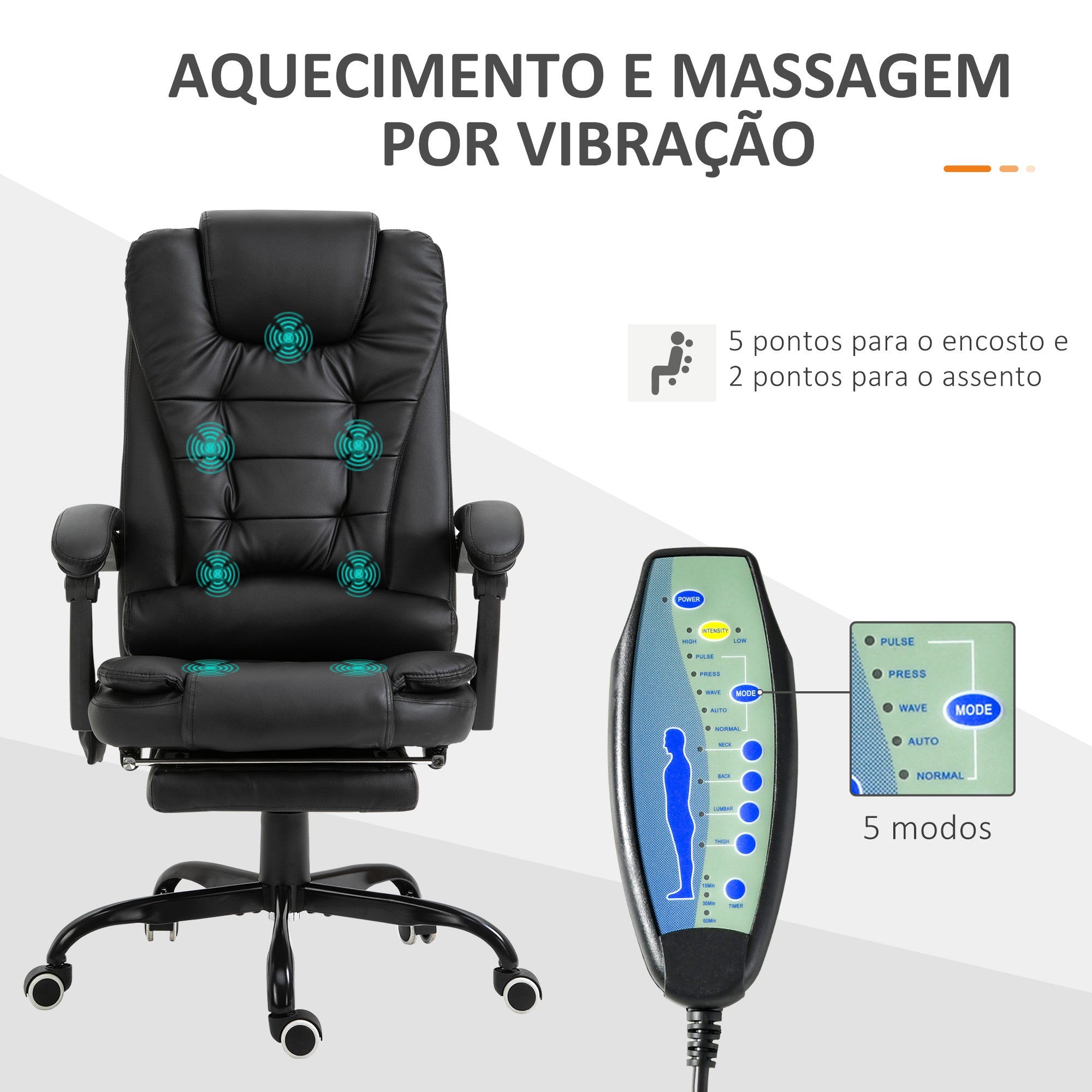 Cadeira de Escritório com Massagem 7 Pontos - Preto 67x79x111-121 cm