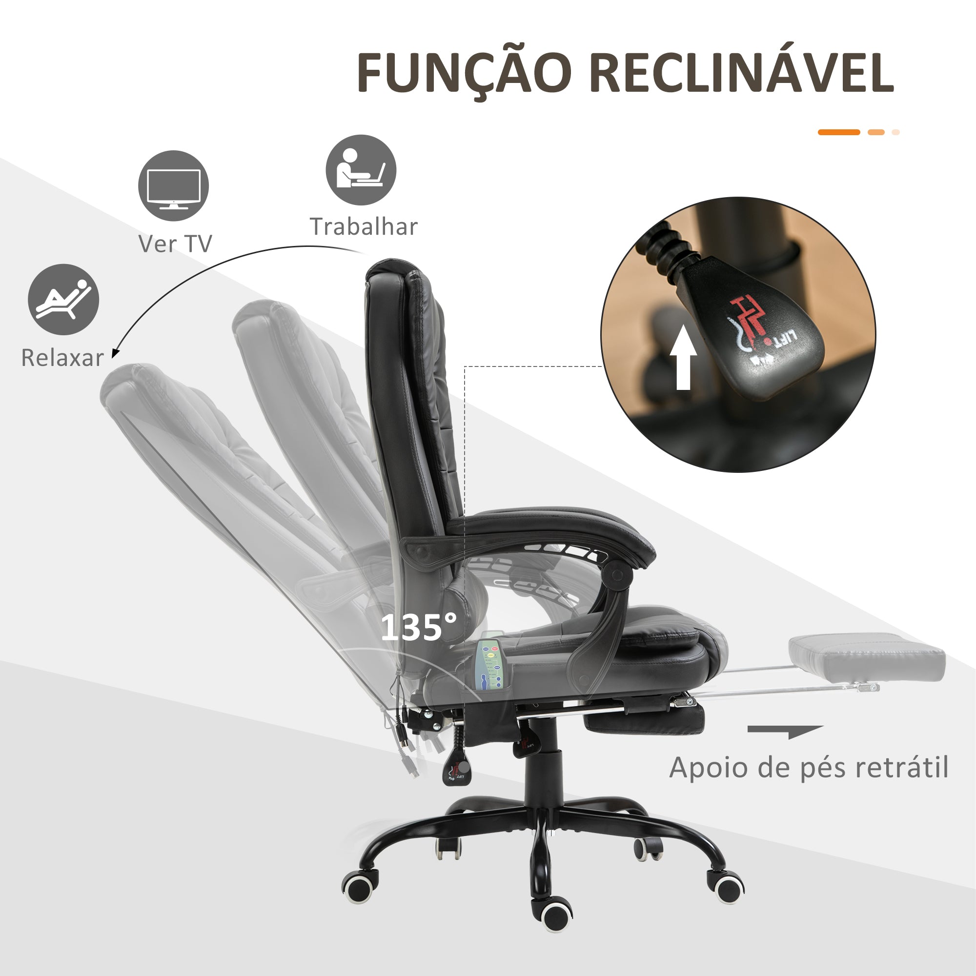 Cadeira de Escritório com Massagem 7 Pontos - Preto 67x79x111-121 cm